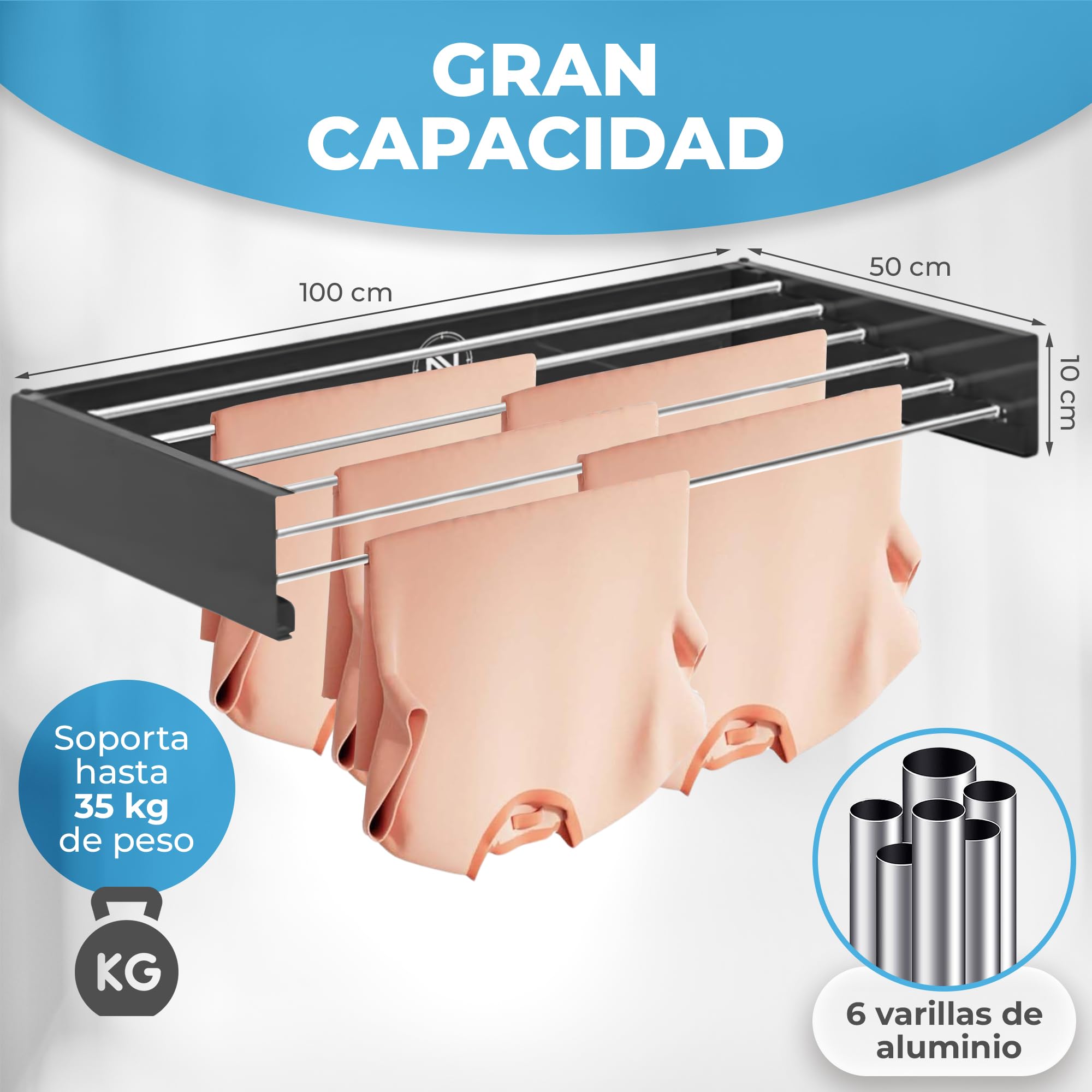 Stendibiancheria estensibile da parete retrattile - Stendibiancheria pieghevole da parete per interni ed esterni - Salvaspazio - Compatto - Capacità 35 kg - 6 aste - 100 cm (nero)