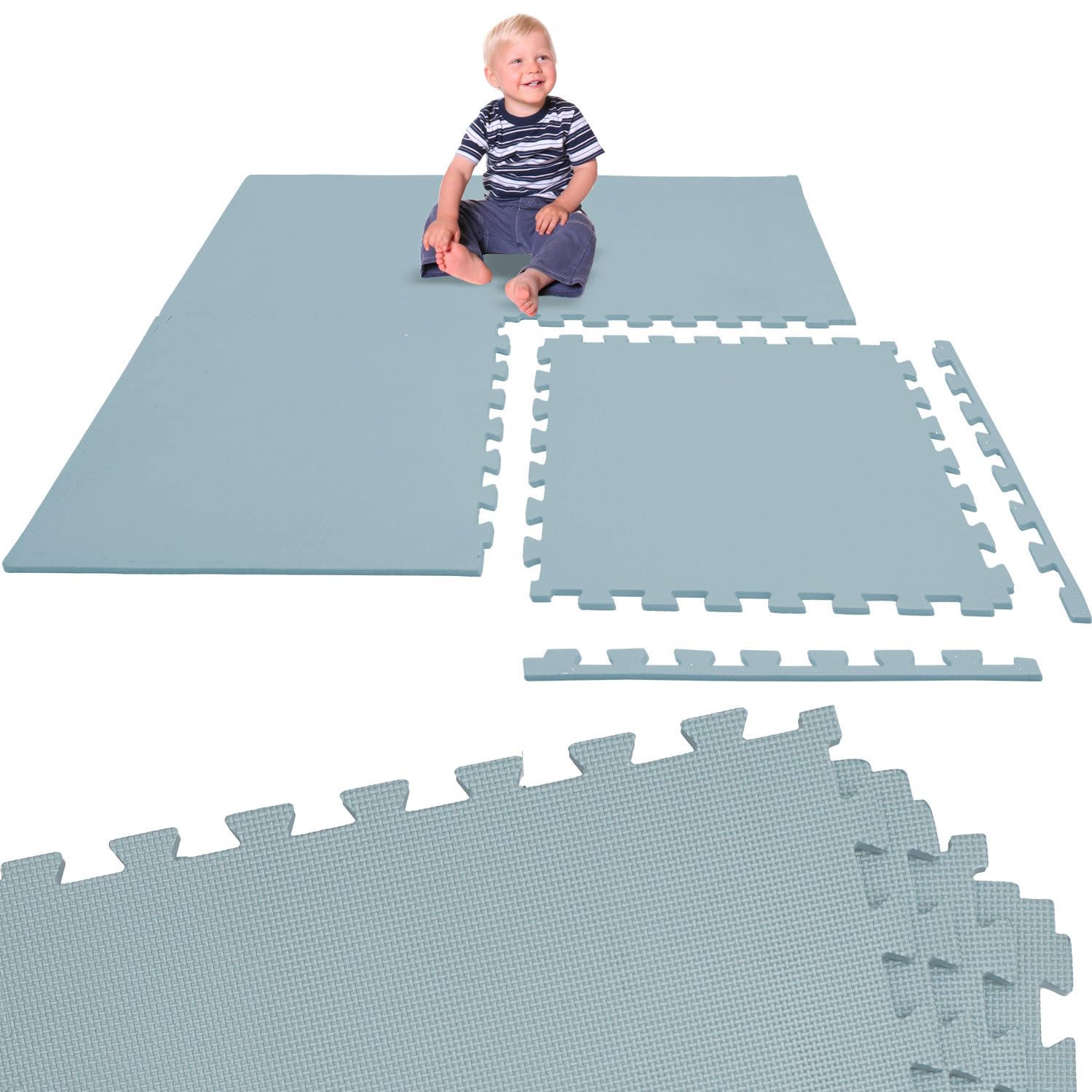 LittleTom Alfombra Puzzle Infantil Azul - 4 Piezas Encajables 50x50 cm - Colchoneta de Goma Espuma EVA 100x100 cm para Niños - Protector Suelo Acolchado sin BPA - Manta de Juegos Impermeable