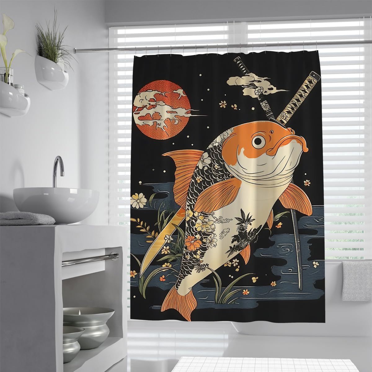 Uiringart Shower Curtains Red Moon Koi Carp Bath Curtain W200xl220cm Retro River Waves Floral Illustration Mold Resistant Quick Dry Washable Bathroom Curtains For Bathtub With Hooks