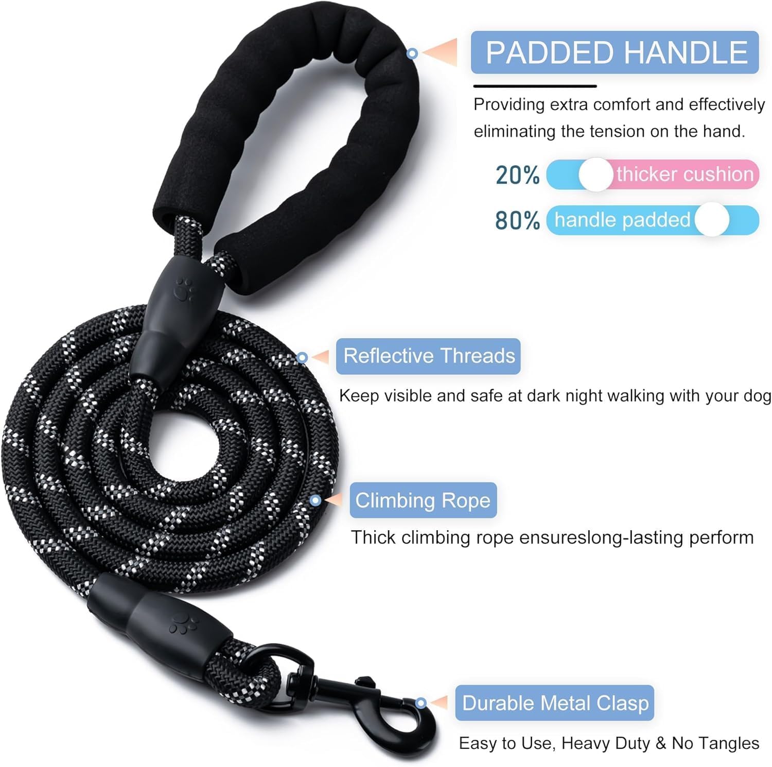 Guinzaglio per cani resistente, 1,5 m, con manico imbottito e corda riflettente, per tutti i cani, resistente, con chiusura in metallo resistente, per passeggiate notturne, corsa, escursionismo