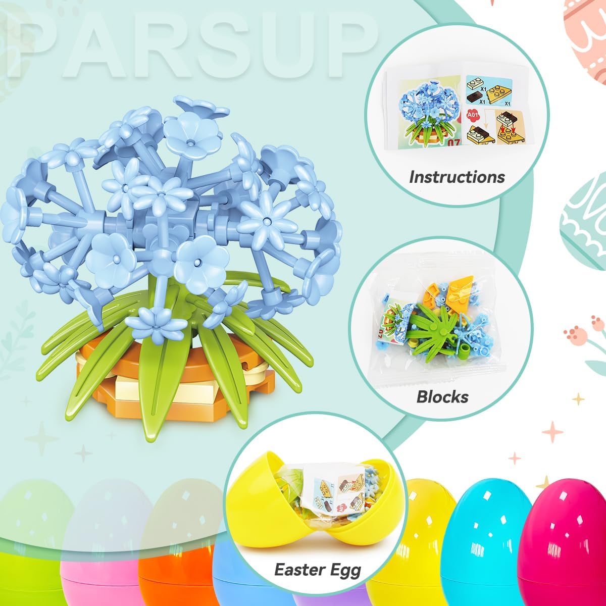PARSUP 12 Pack Easter Plastic Eggs with Flower Building Blocks for Easter Theme Party Favors, Supplies for Easter Egg Hunt, Basket Stuffers/Fillers, Classroom Prize Supplies Toddler Boys Girls