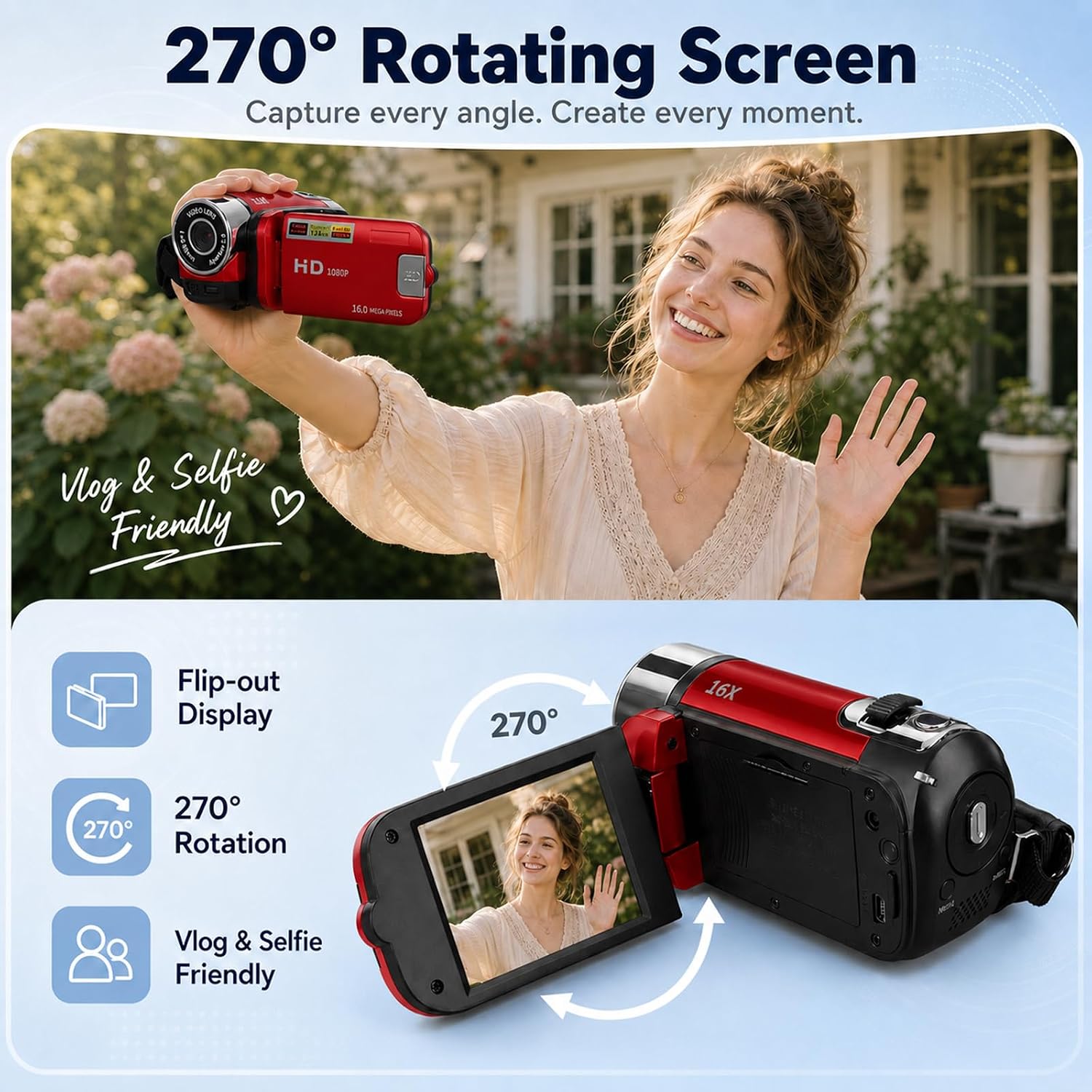 Portable Digital Camcorder, 1080P DV Camera Vlogging Recorder, 2.7-inch LCD Screen, 16x Digital Zoom, and Built-in Battery with 32GB Card for Beginners(Red)
