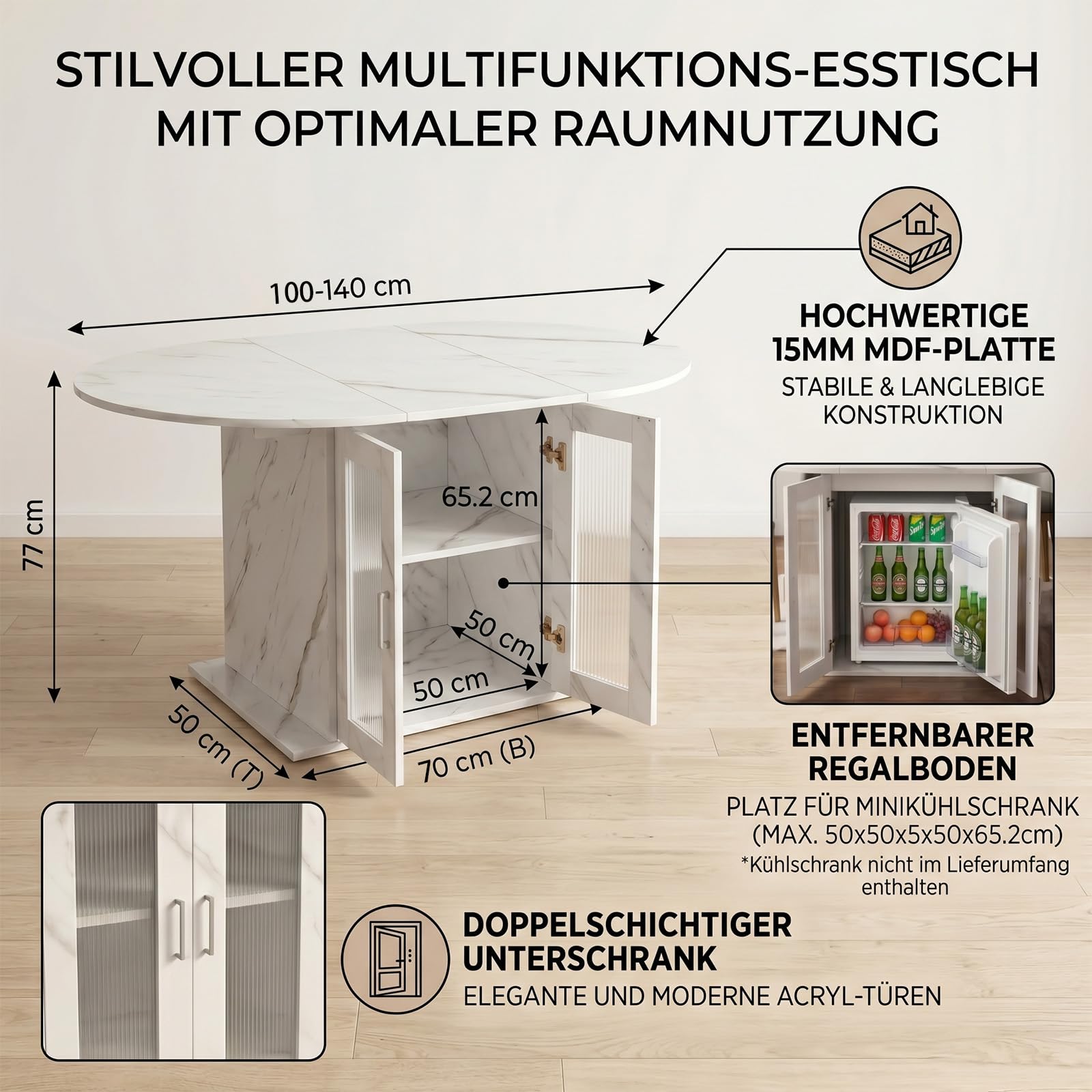 Esstisch Rund Ausziehbar, Ovaler Esstisch mit Kühlschrank Stauraum, Moderner Küchentisch für 4-6 Personen, geeignet für Küche, Esszimmer und Wohnzimmer