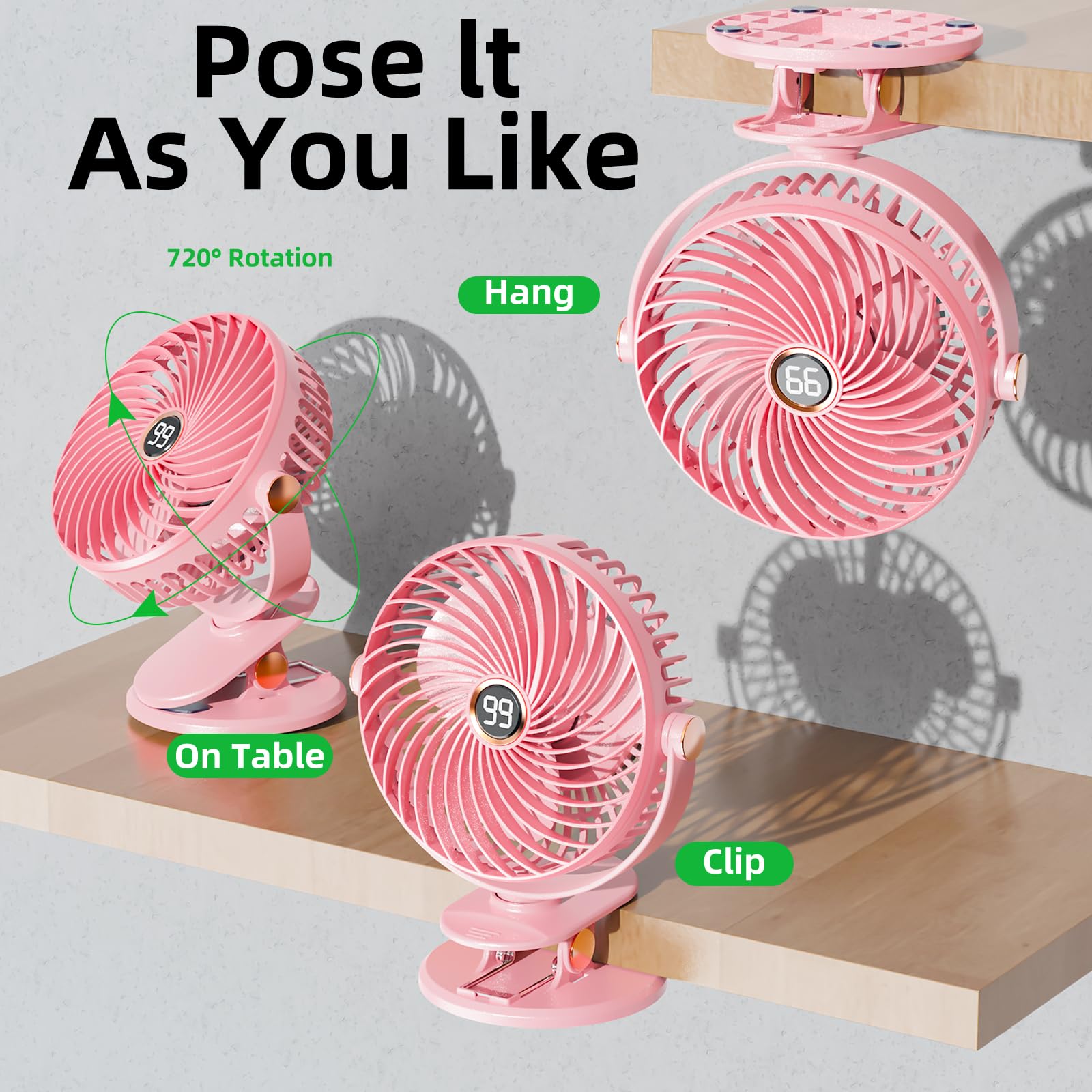 Ventilateur USB Bureau 6000mAh - 5 Vitesses, Écran LCD, Rotation 720°