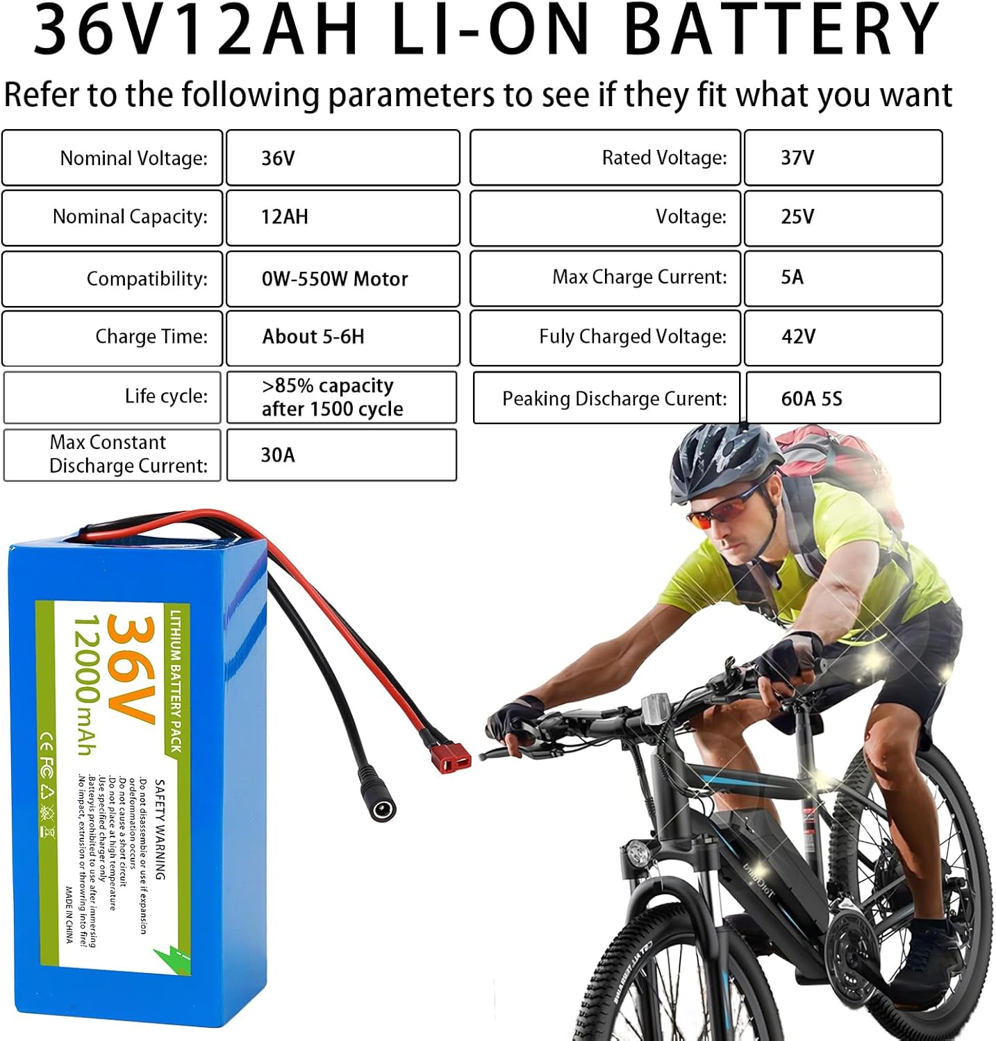 36V 12Ah Electric Bicycle Battery, 36V Lithium Battery, Suitable for Electric Bicycles and Electric Scooters. Built-in 30A (BMS) Suitable for 150W, 250W, 500W, 750W, Motors.