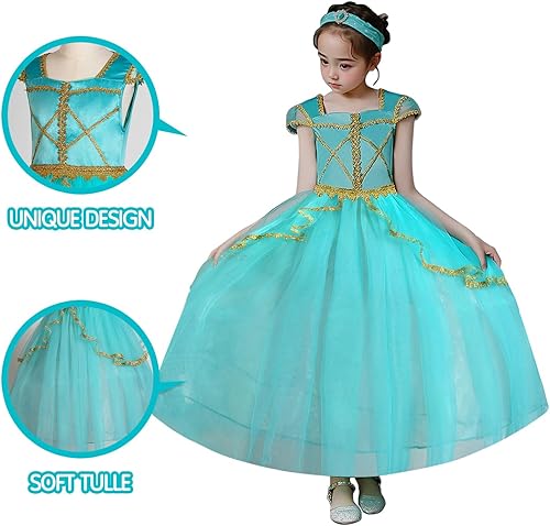 Vista 5 de UPORPOR Disfraz de princesa LED mágica, disfraz para niñas, Halloween, princesa, cosplay, fiesta, suministro, Navidad, azul y verde