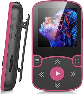 AGPTEK Reproductor MP3 Bluetooth 5.3 Sport 64 GB con pantalla TFT a color de 1,5 pulgadas, mini reproductor de música con clip, soporta hasta 128 GB tarjeta SD, magenta
