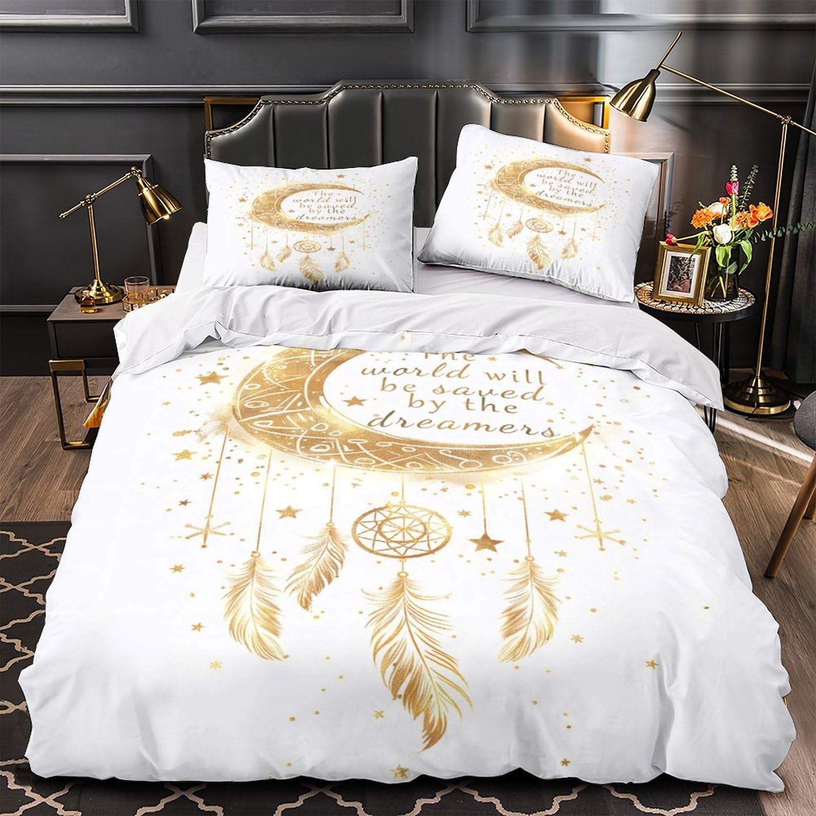 Housse de Couette Lune Dorée 3D Douce Légère en Microfibre Zippée
