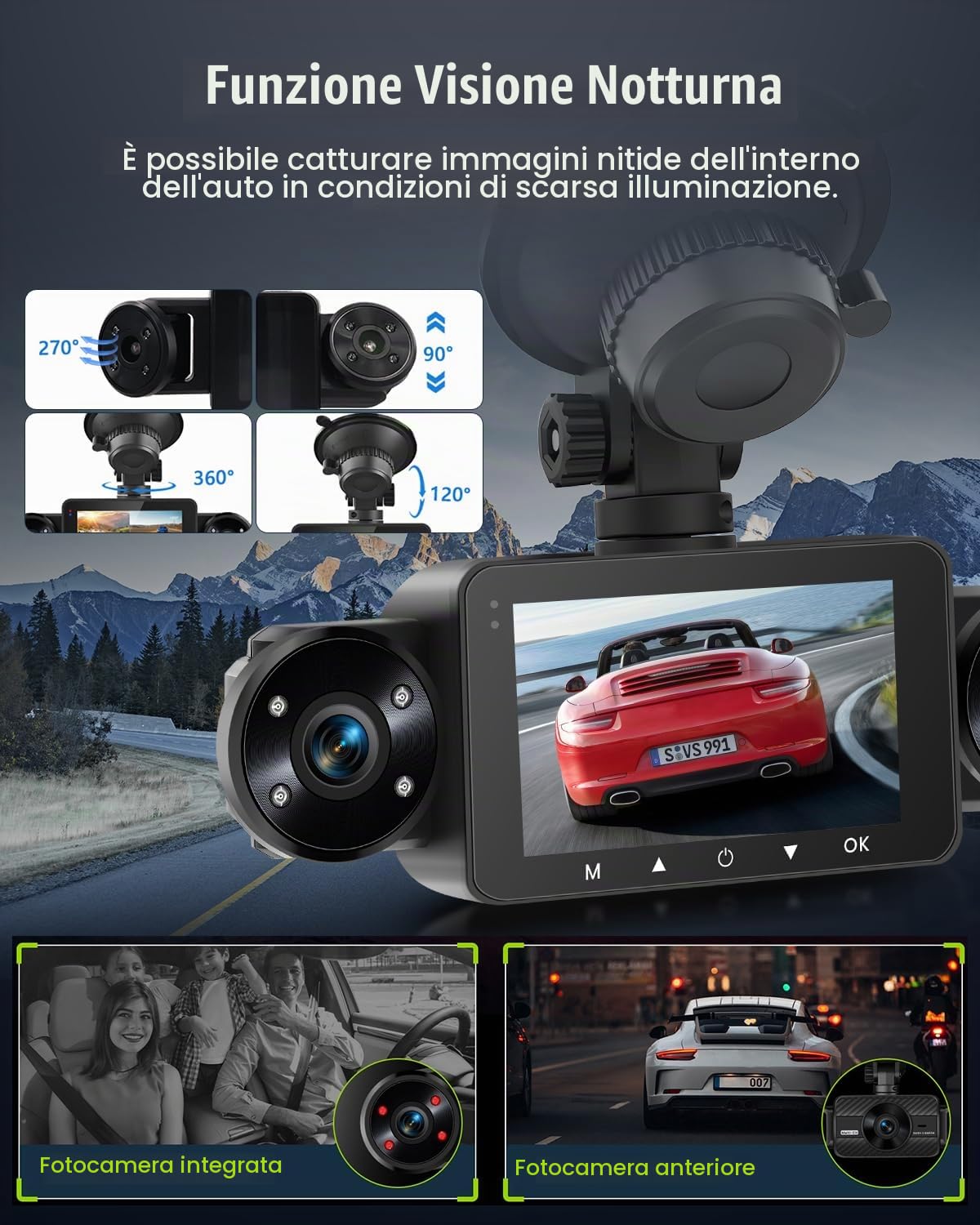 NHOPEEW 4 canali Dash Cam 3’’ IPS Touchscreen anteriore e posteriore con 8 luci IR per la visione notturna, registrazione in loop, 24 ore di registrazione, G-Sensor, aiuto alla retromarcia + scheda di
