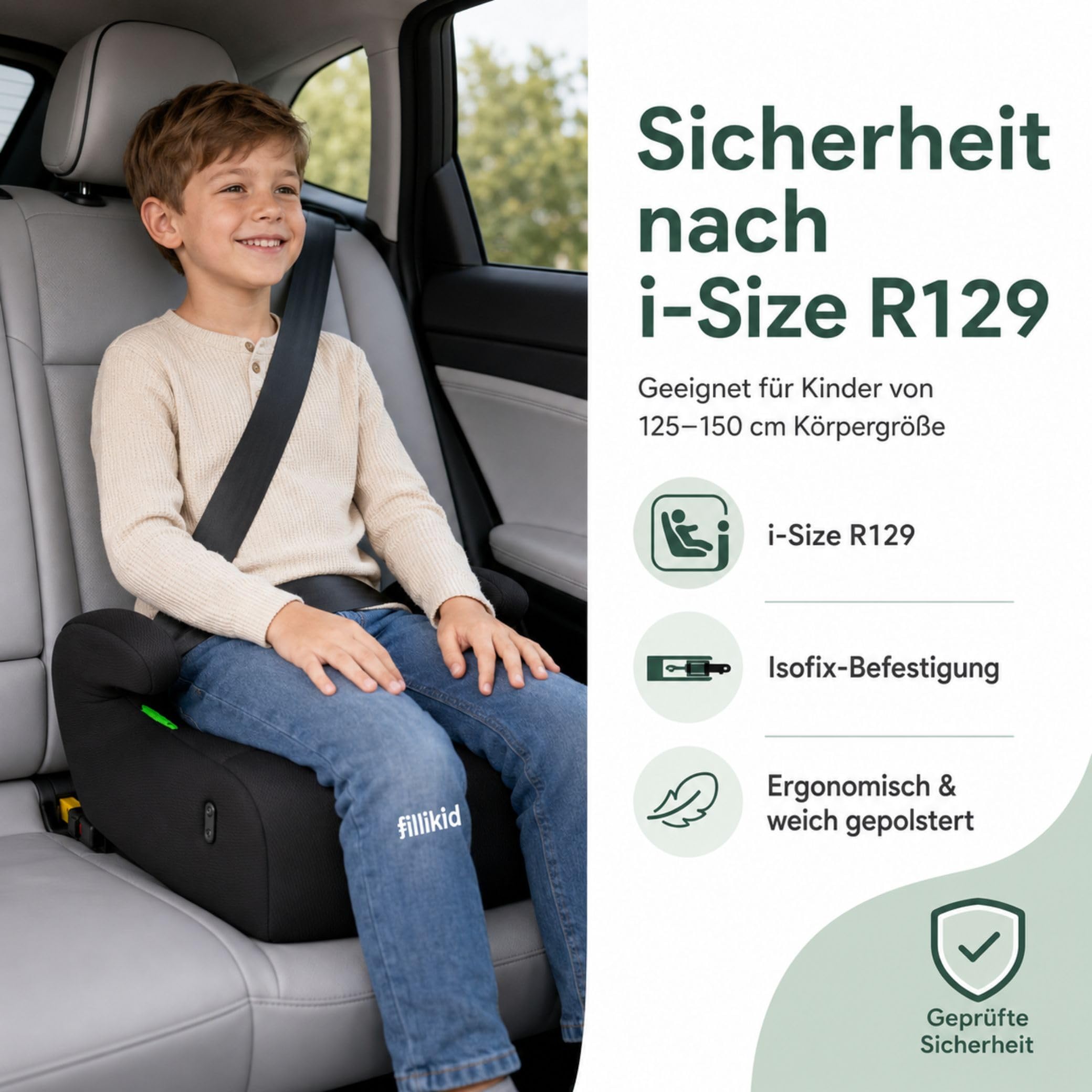 Fillikid Sitzerhöhung Exklusiv i-Size R129 125–150 cm Autositz Booster Seat Isofix-Befestigung