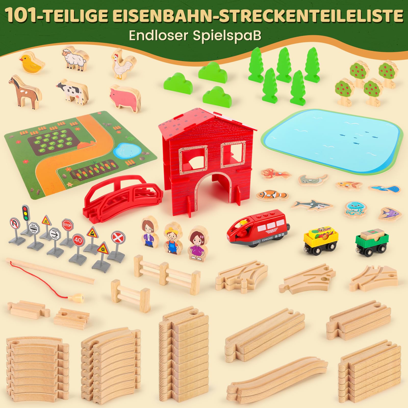 Eisenbahn Holz Set, 100 Stück Holzeisenbahn Schienen Bauernhof Thema holzschienen Eisenbahn mit Kleiner Zug, Teich, kleine Tiere für Jungen und Mädchen von 3+ Jahren