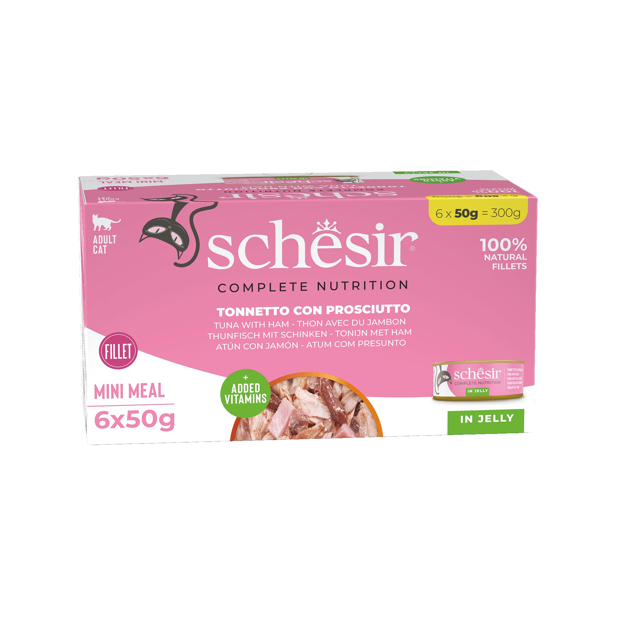 Schesir, Thunfisch mit Schinken in Gelee, Vollwertiges Nassfutter für Katzen, Mit Zugesetzten Vitaminen, 100% Natürlich, Cruelty-Free, 6 x 50 g