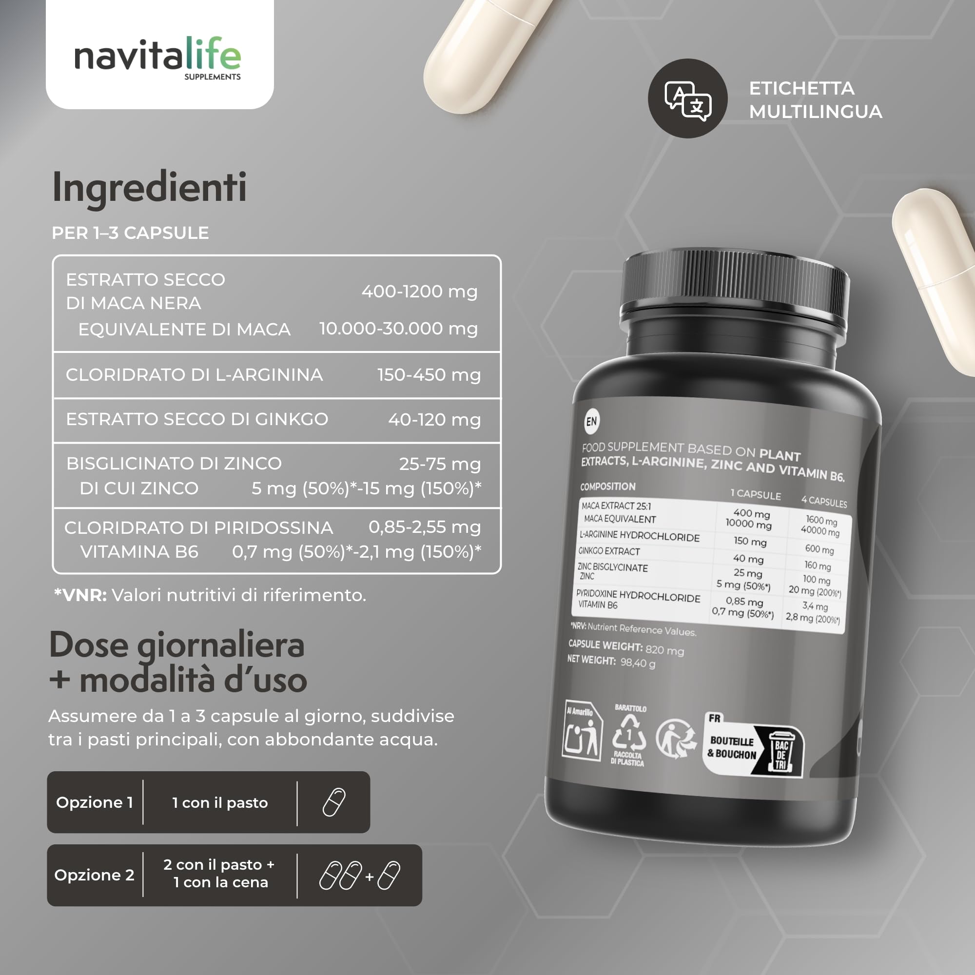 Maca Nera Peruviana Andina 40.000 mg (Estratto 25:1) | 120 Capsule per 4 Mesi | Alta Purezza | Con L-Arginina, Zinco, Ginkgo Biloba e Vitamina B6 | Energia, Vitalità e Performance | NavitaLife