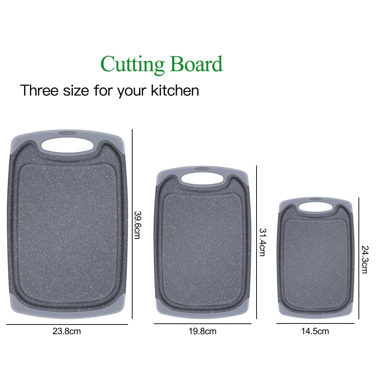 SHURFFY Grey 3pc Plastic Cutting Board Set (39.5x23.7cm, 31.4x19.8cm, 24.3x14.5cm), Non-Slip, Deep Drip Juice Groove - Image 4