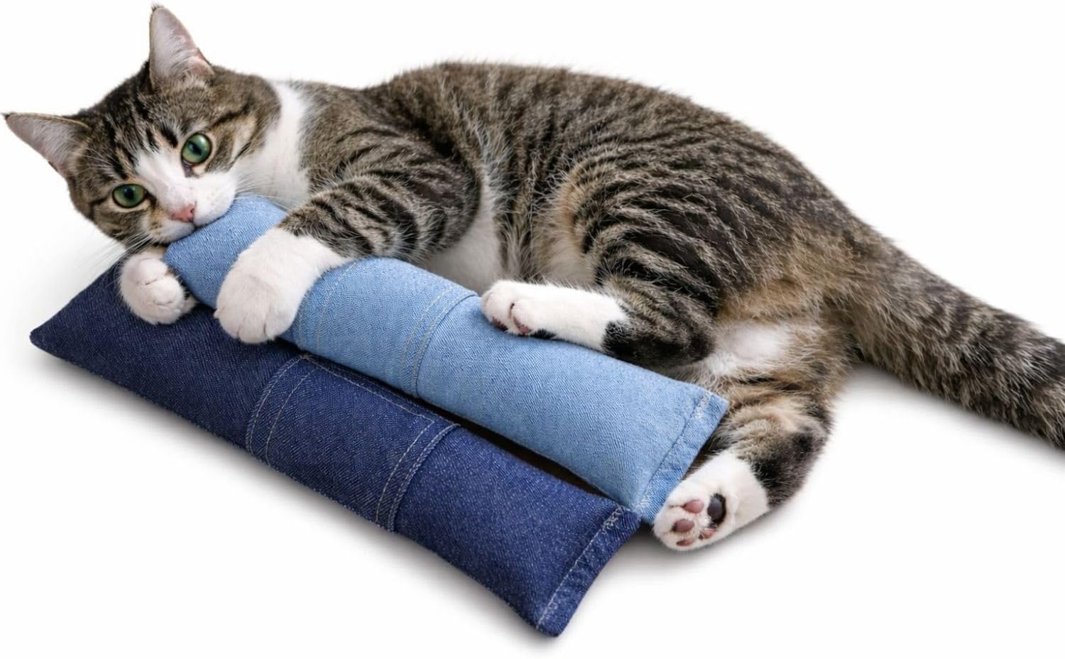 15” (2-Pk) Refillable Catnip Kicker Toy for Cats – Handmade in USA Plush Kick Stick Filled with 1 oz Premium Catnip & Extra Catnip Included – (Dark Denim - Light Demim)