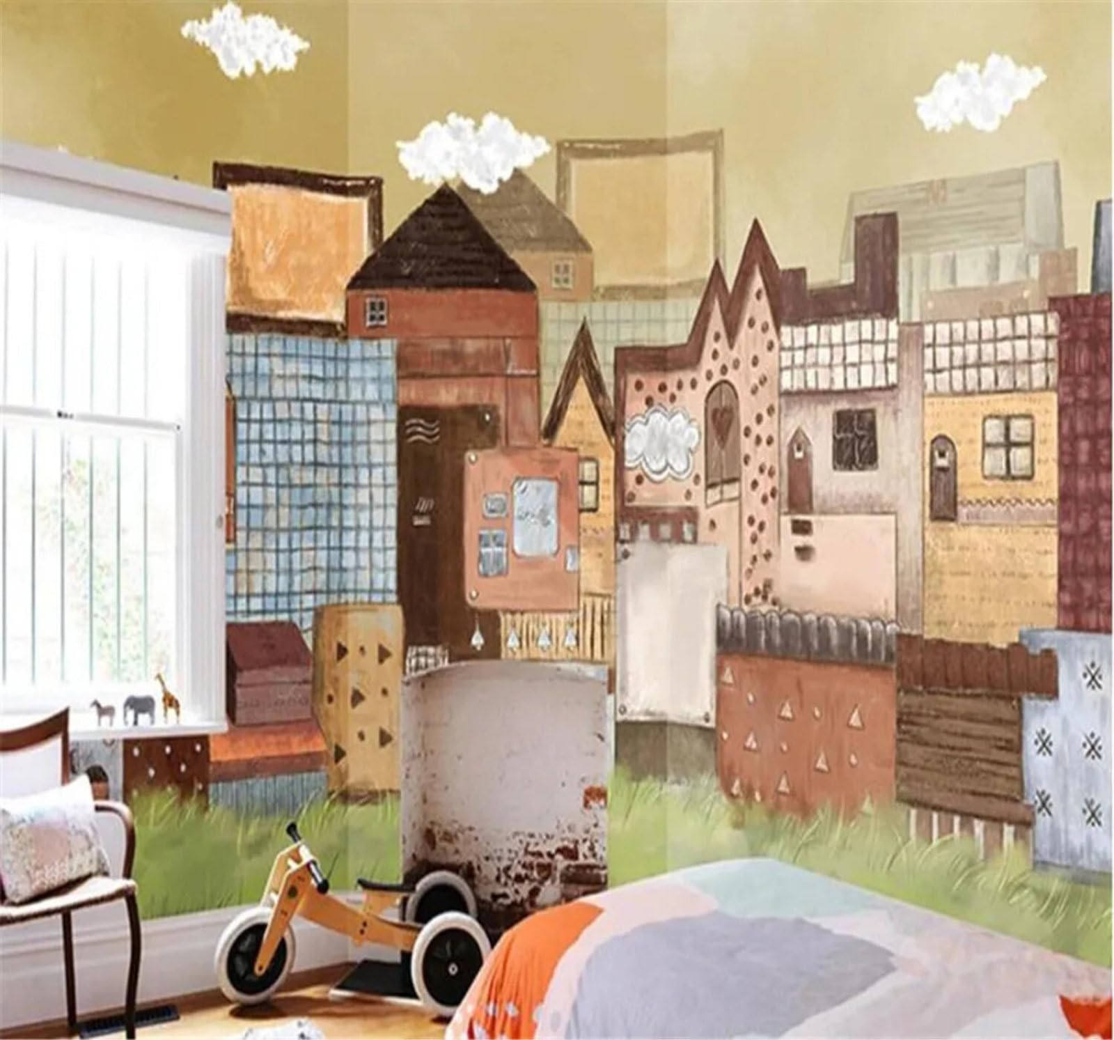 Tzxztt Unique Cartoon House Town Hand Drawn Modern 3D Wallpaper Premium Textured Silk Neutral Tones Material Ideal for Living Room Bedroom-400cm×280cm