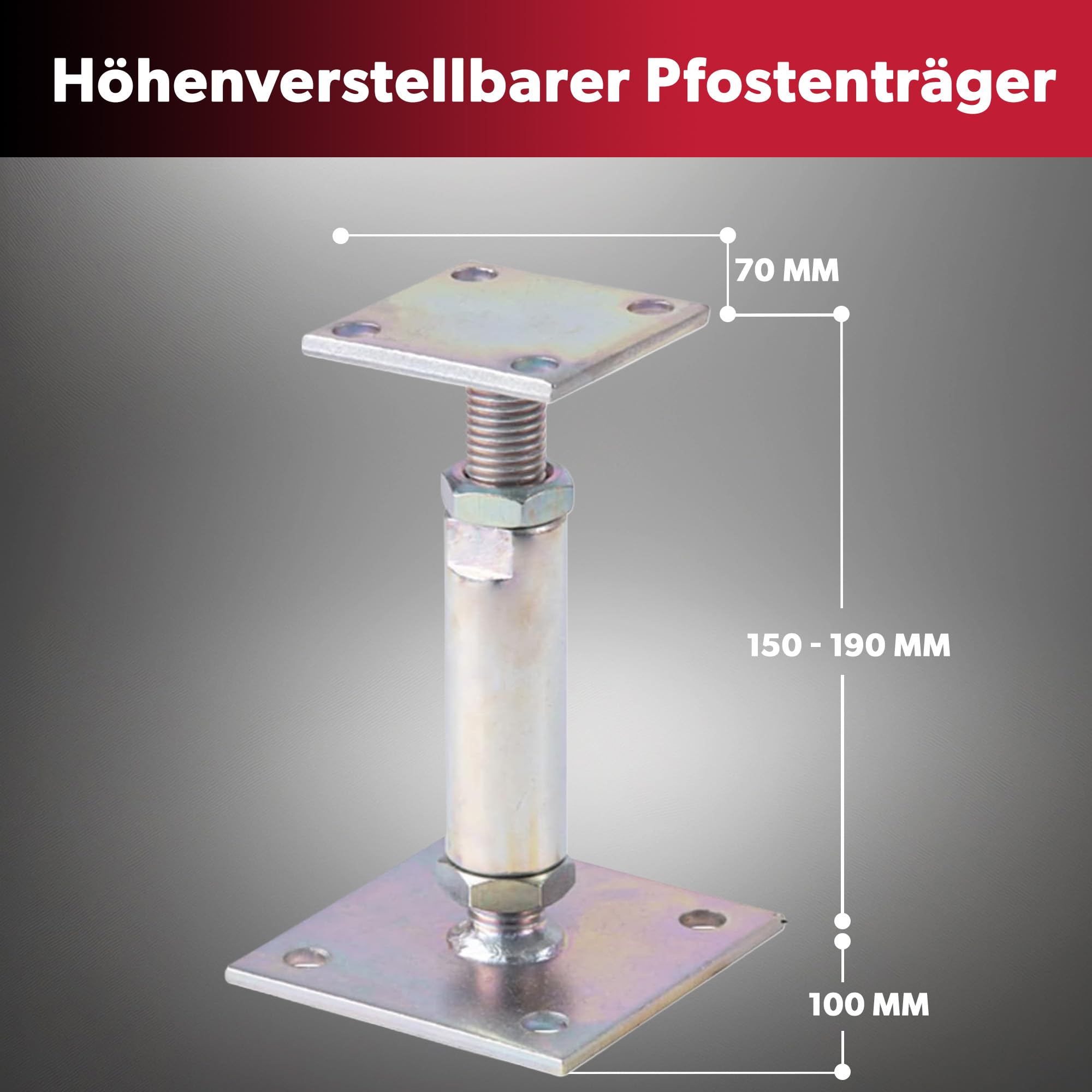 1x siwitec Pfostenträger höhenverstellbar 150-190 mm, aufschraubbar mit M20 Gewinde, feuerverzinkter Stahl, dickschichtpassiviert, Pfostenverbinder, Stützen höhenverstellbar, Pfostenträger verstellbar