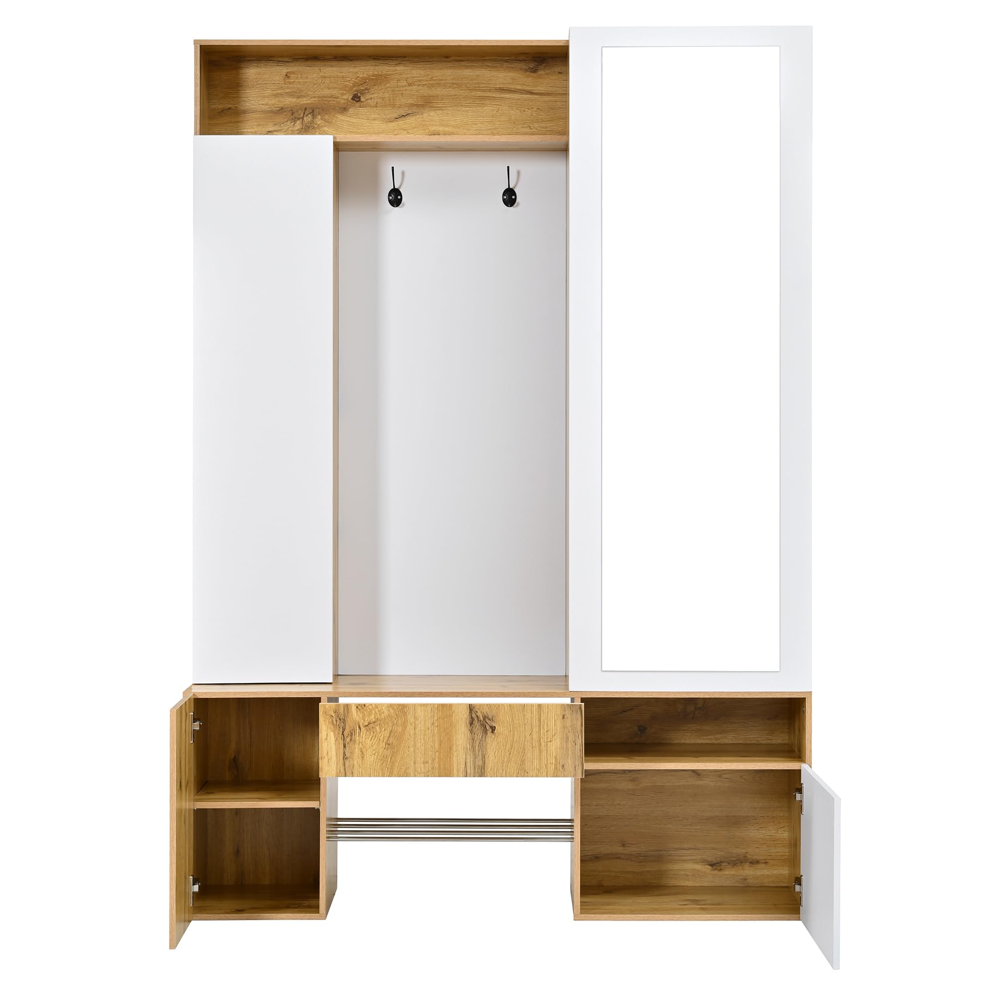Perchero de madera MDF con espejo, color blanco natural