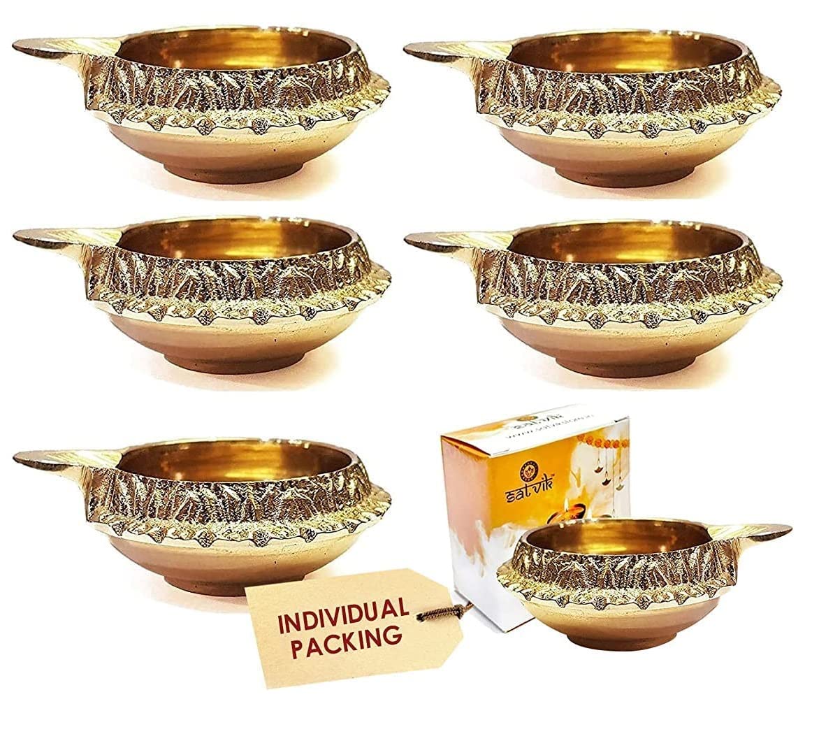 SATVIK Set of 6 - Pure Brass Kuber Diya Oil Lamp for Pooja Home Temple Decor Small Brass Diya for Festival Prayer Diwali Decoration Traditional Metal Lamp