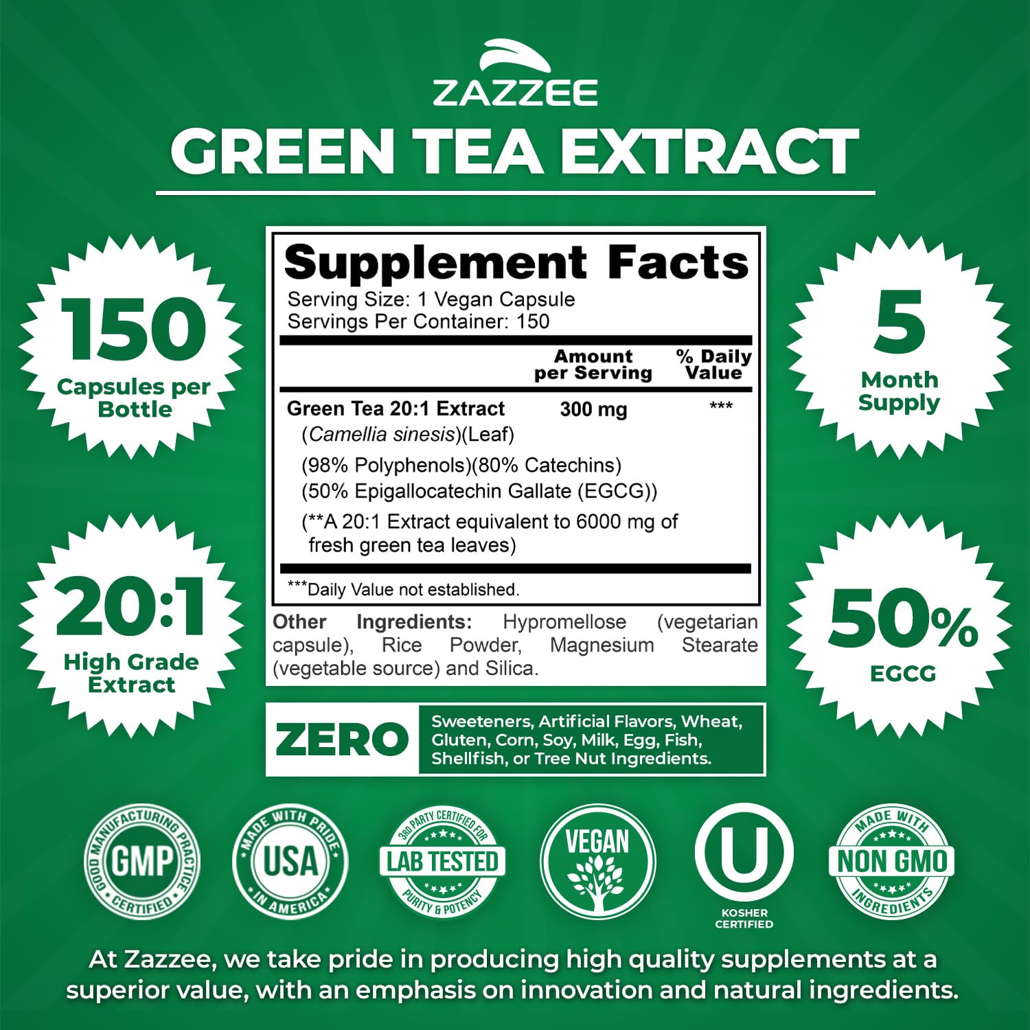 Zazzee Extra Strength Green Tea 20:1 Extract, 50% EGCG, 150 Vegan Capsules — Amazon image 2