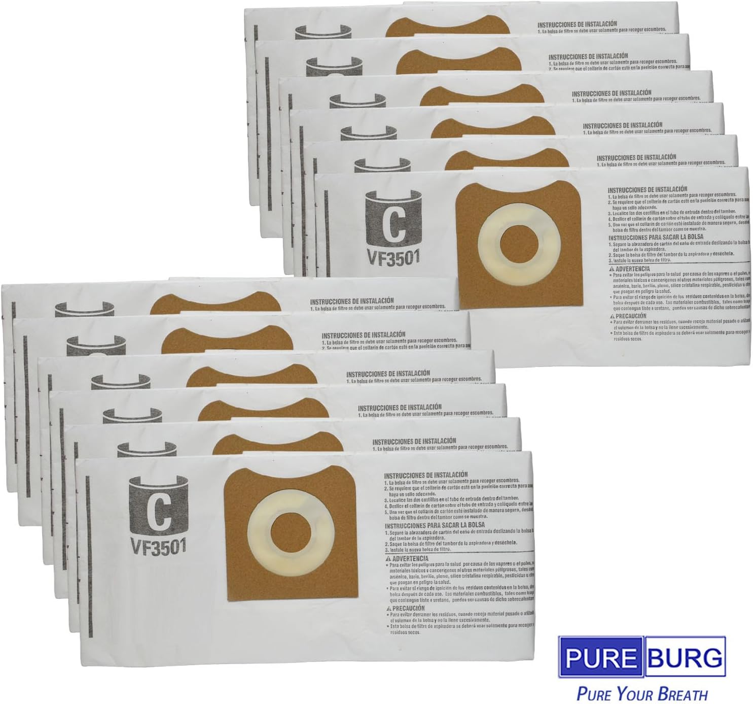 PUREBURG Replacement Filter Pack Compatible with VF3500 & VF3501, 3-4.5 Gallon Wet Dry Vacuum,2 x Fine dust Filter (Washable) and 12 x Dust Bag (Size C)