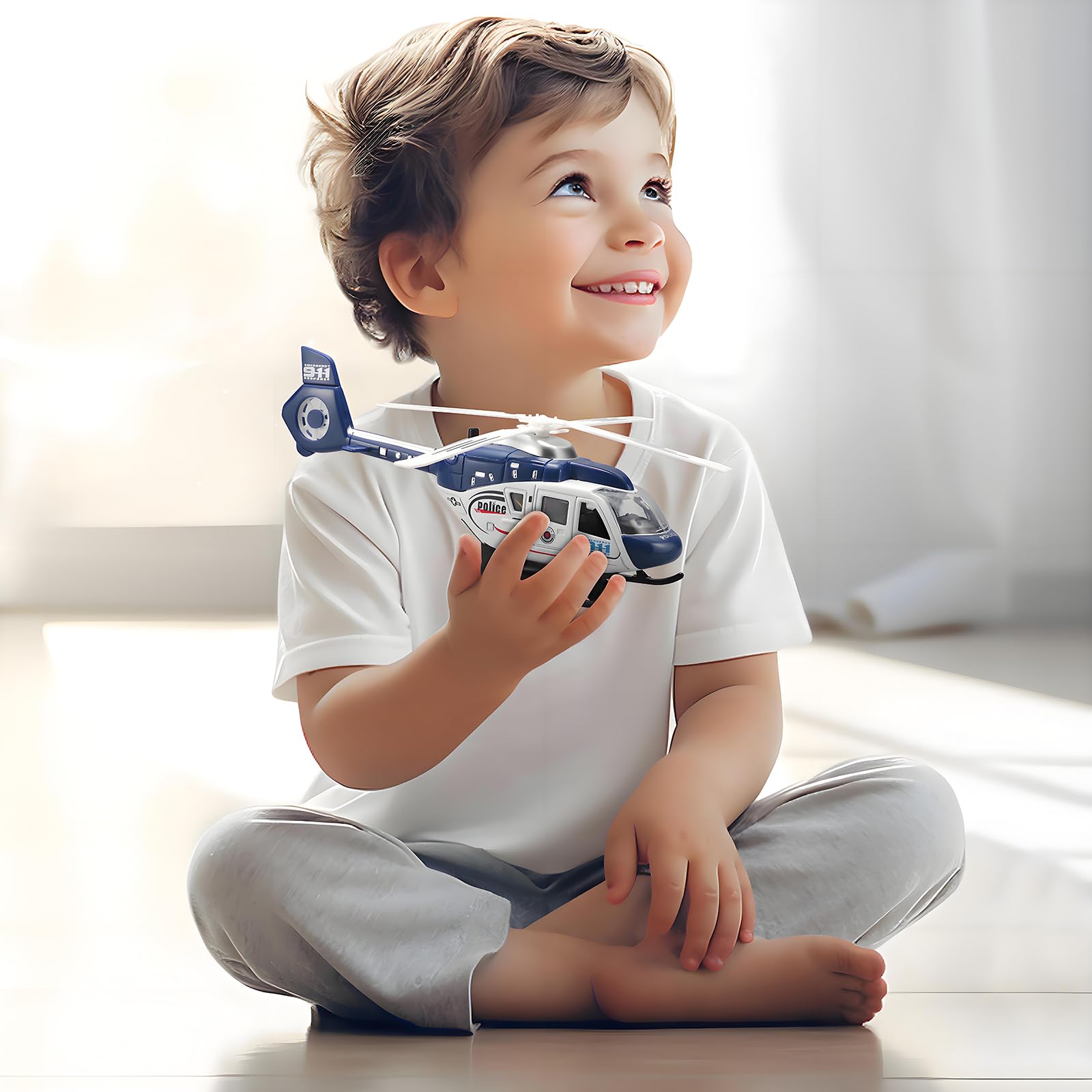 Kit de helicóptero para niños, modelo militar fundido a presión, juguete de tracción con luces y sonido, hélice giratoria, edad de 4 a 7 años (azul) 4