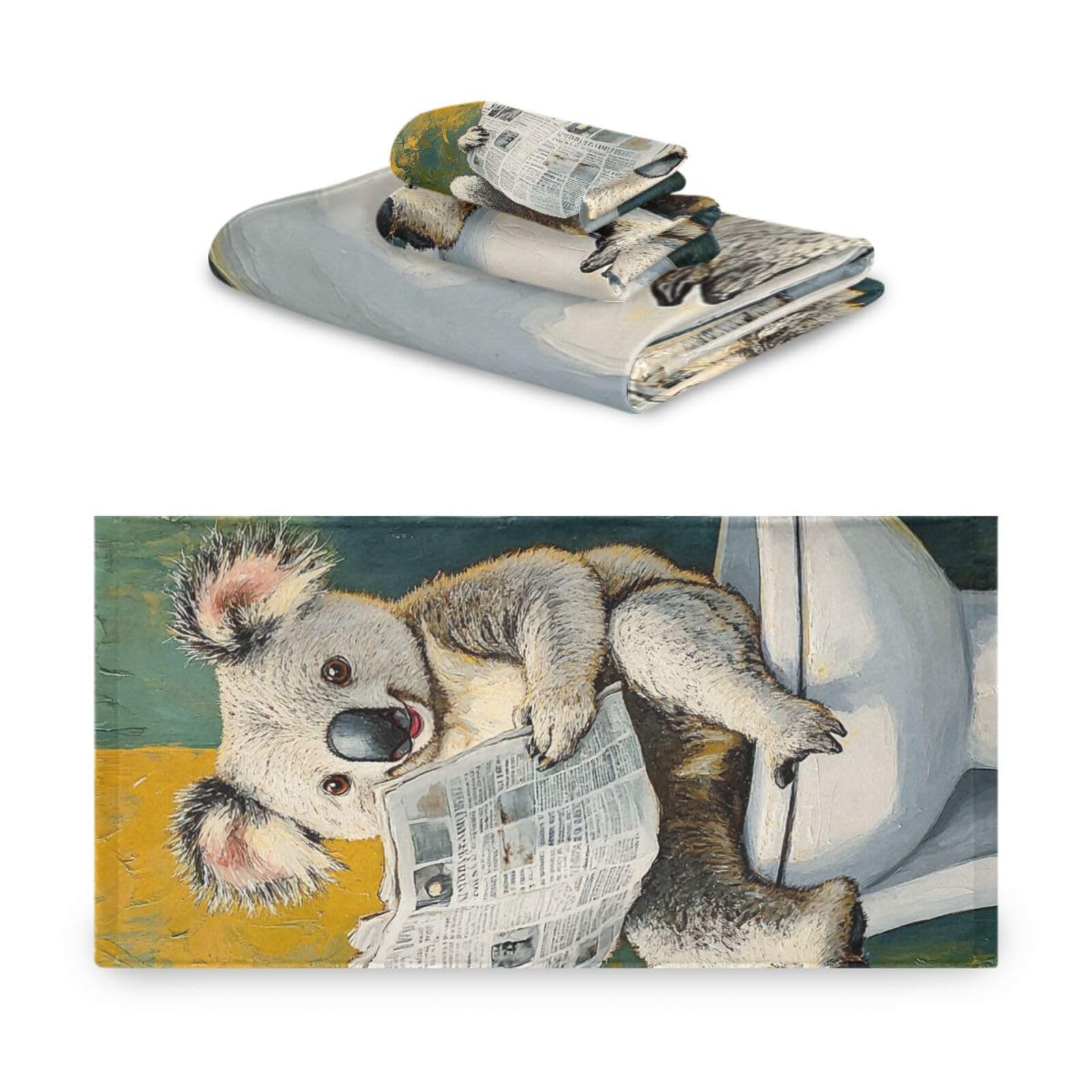 Funny Koala - Set di 3 asciugamani da bagno in stile vintage, con scritta Happy Head to Toe, 1 telo da bagno, 1 asciugamano per mani, 1 panno per la spiaggia, capelli, viso, palestra, nuoto