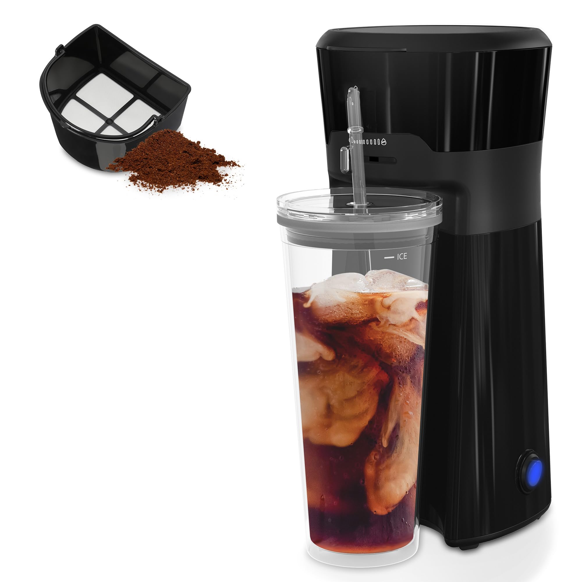 HEYNEMO Iced Coffee and Tea Maker with Reusable Coffee Filter and Portable 20oz Double Insulated Cups, Single Serve Machine for Home, Strength Control for Flavor, Black