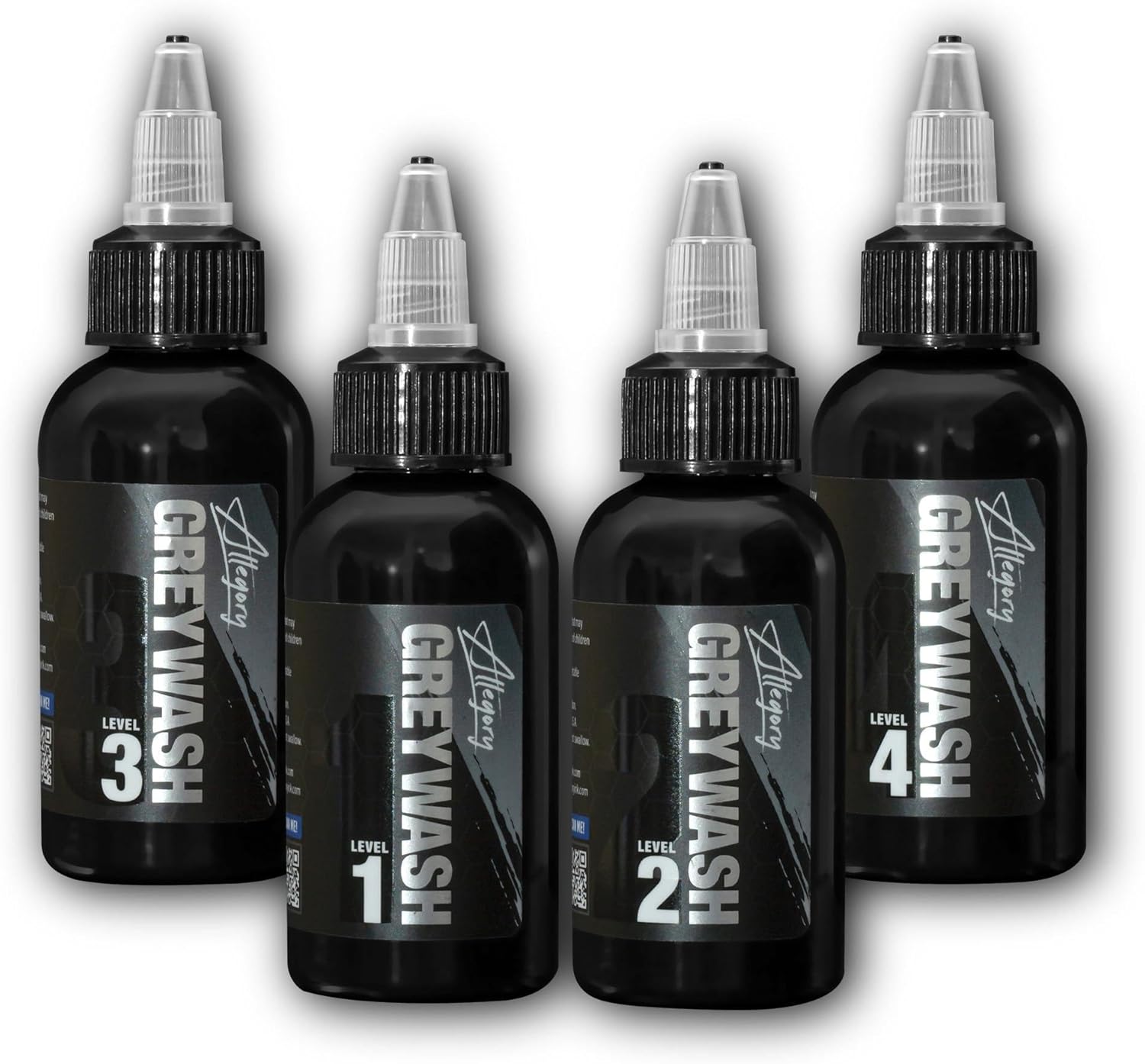 Allegory Greywash Tattoo Ink Set 2oz – Premium Professional-Grade Signature Greywash Shades for Smooth, Vegen Friendly, Crafted in The USA, Consistent Tattooing (Set of 4 Bottles)
