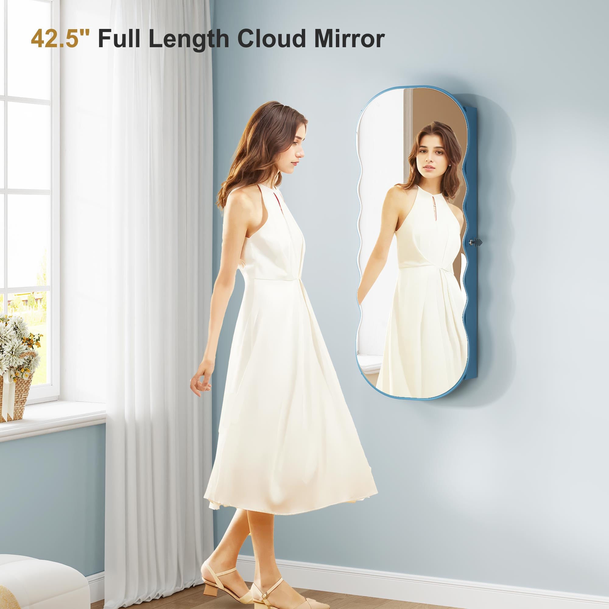 HNEBC LED Mirror Jewelry Cabinet,Wall or Door Mounted Jewelry Armoire Organizer with Lights,Lockable Wide Wavy Mirror with Storage,42.5