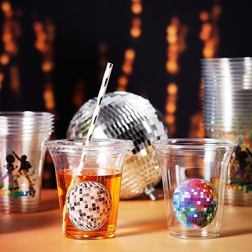 Miniatura 4 de Juego de 60 vasos de plástico de los años 70 con tapas y pajitas de 14 onzas con temática de discoteca para fiestas de cumpleaños