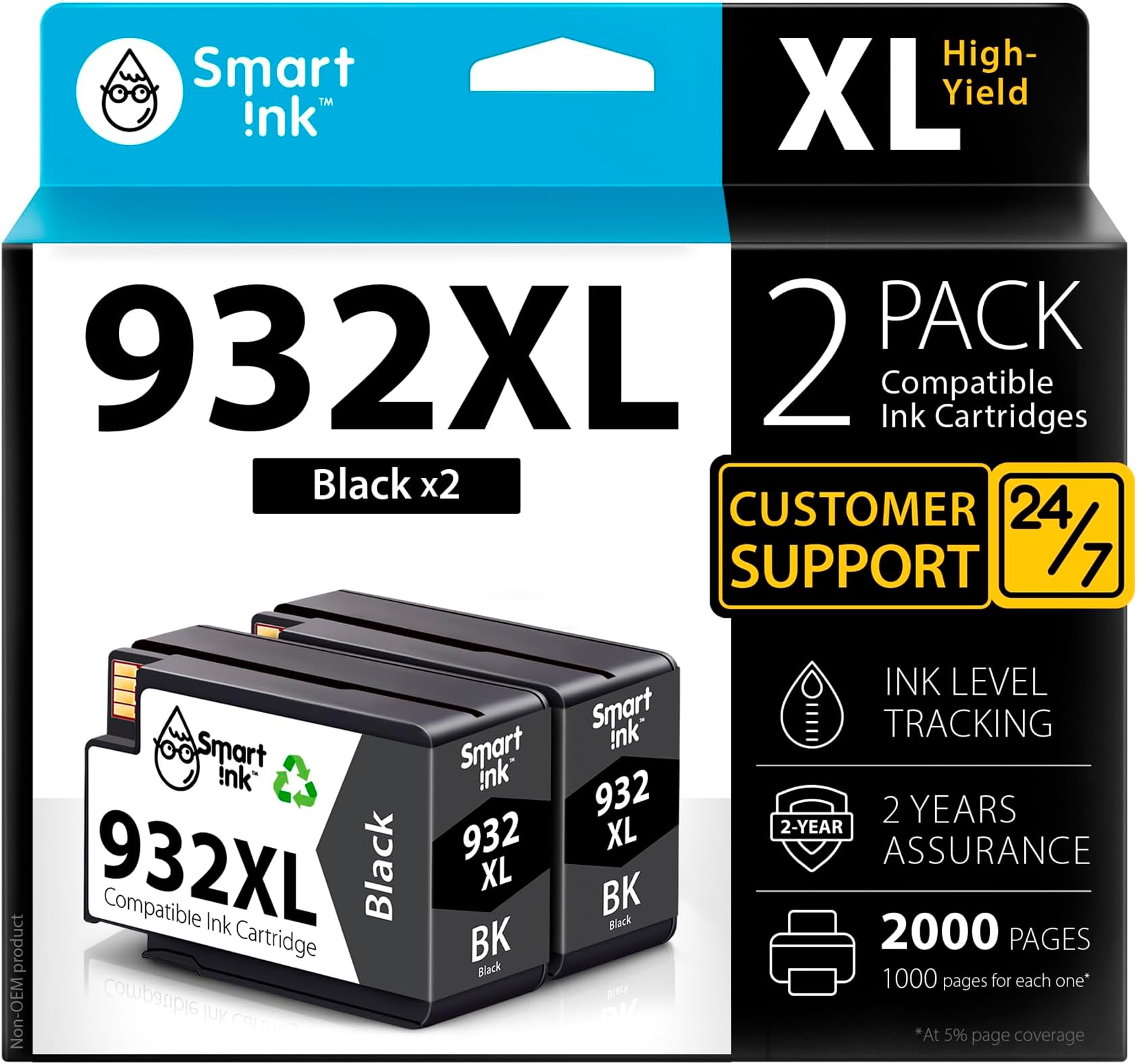 Smart Ink Compatible Ink Cartridge Replacement for HP 932XL 932 XL (2 Black, Pigment Ink Cartridges Combo Pack) to use with OfficeJet 6600 6700 7510 7610 7612 6100 7620 7110 Printers