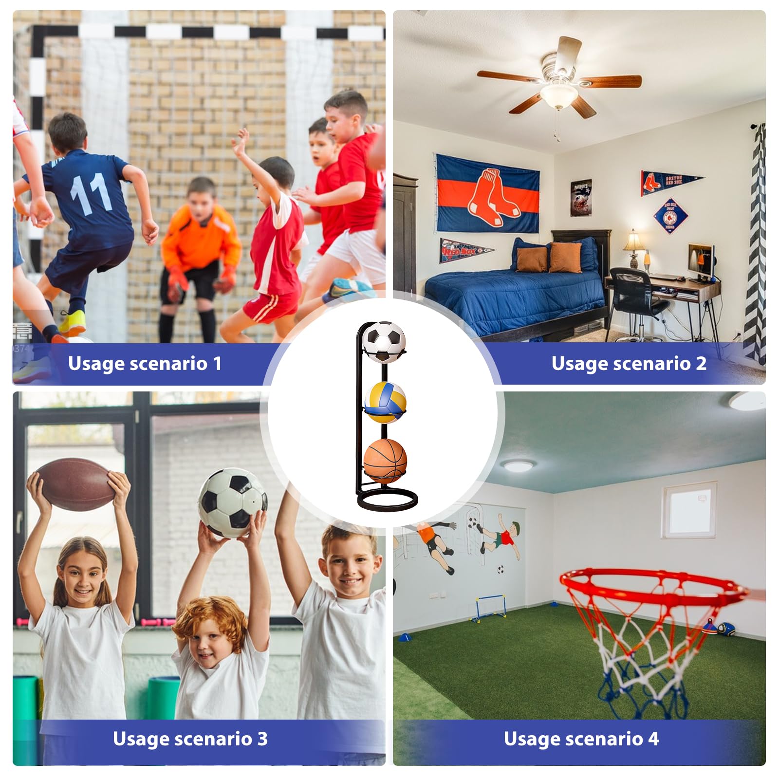 Estantería de 4 niveles para balones, soporte metálico para baloncesto, fútbol y voleibol