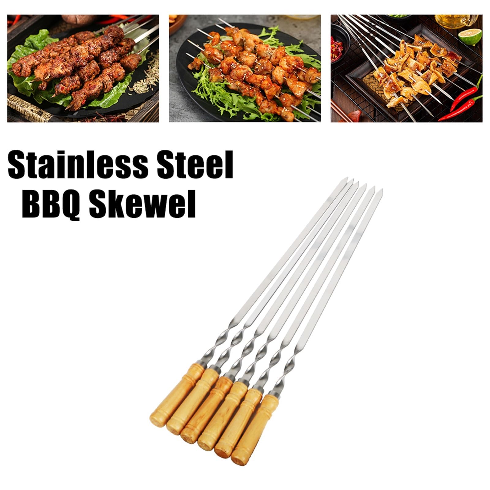 Brochetas de acero inoxidable, Brochetas inox 55cm mango madera para barbacoa exterior kebab