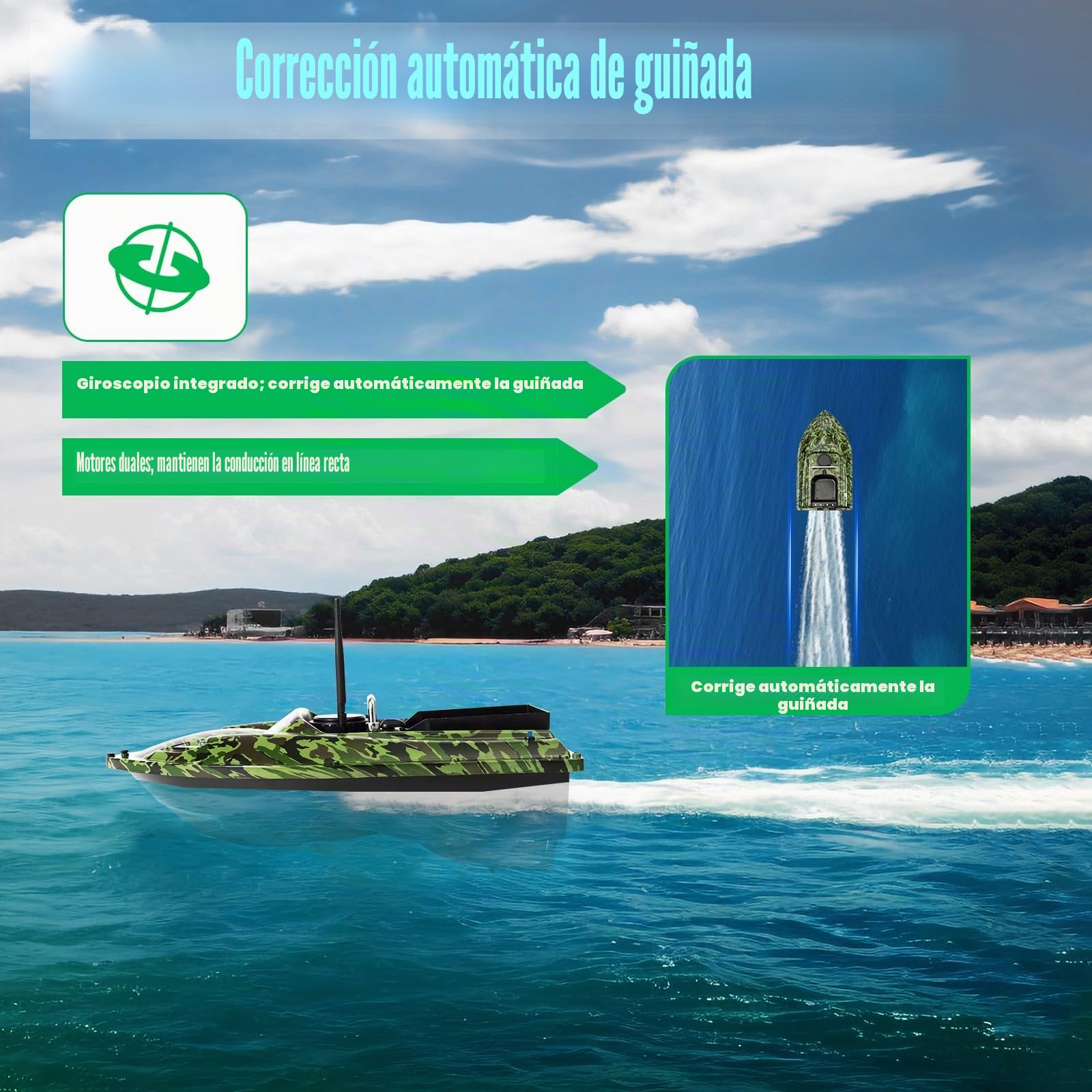 Barco teledirigido para cebos de pesca y carpa de cebo inalámbrico pesca barco de morce 500 m doble motor crucero automático doble motor, gran capacidad 1.5 KG, camuflaje