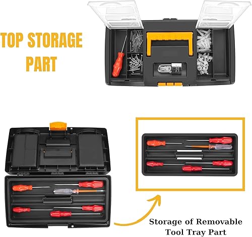 Miniatura 5 de VHD Caja de herramientas de plástico amarillo de 16 ″ con bandeja de herramientas extraíble, caja organizadora perfecta (juego de 2 piezas)