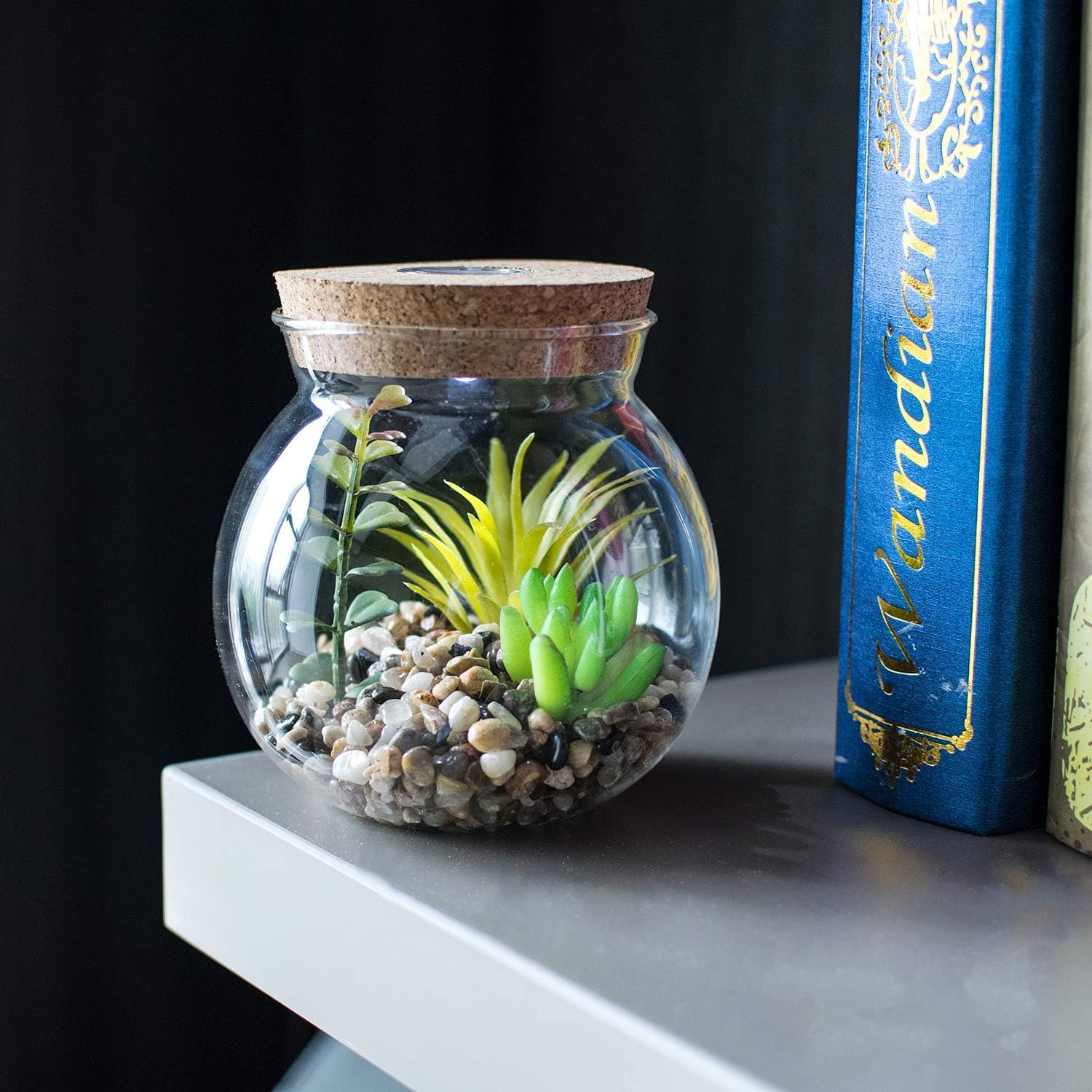 Sztuczne Doniczki Do Terrarium Succulet I Marimo Z Białym światłem Led Cork Desig Miiature Fake Plats Faux Cactus Potted Bosai Idoor Desktop Decor Do Sypialni Gabinet, Clear 2, 10.5cm*11.9cm(D*H)