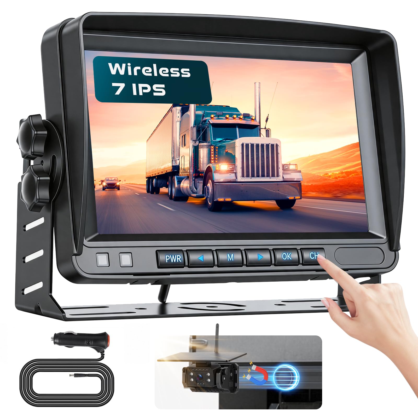 Hikity Display IPS da 7", Kit Telecamera Retromarcia Solare Wireless per Veicoli, Telecamera Magnetica IP69 Grandangolare Aiuto Parcheggio