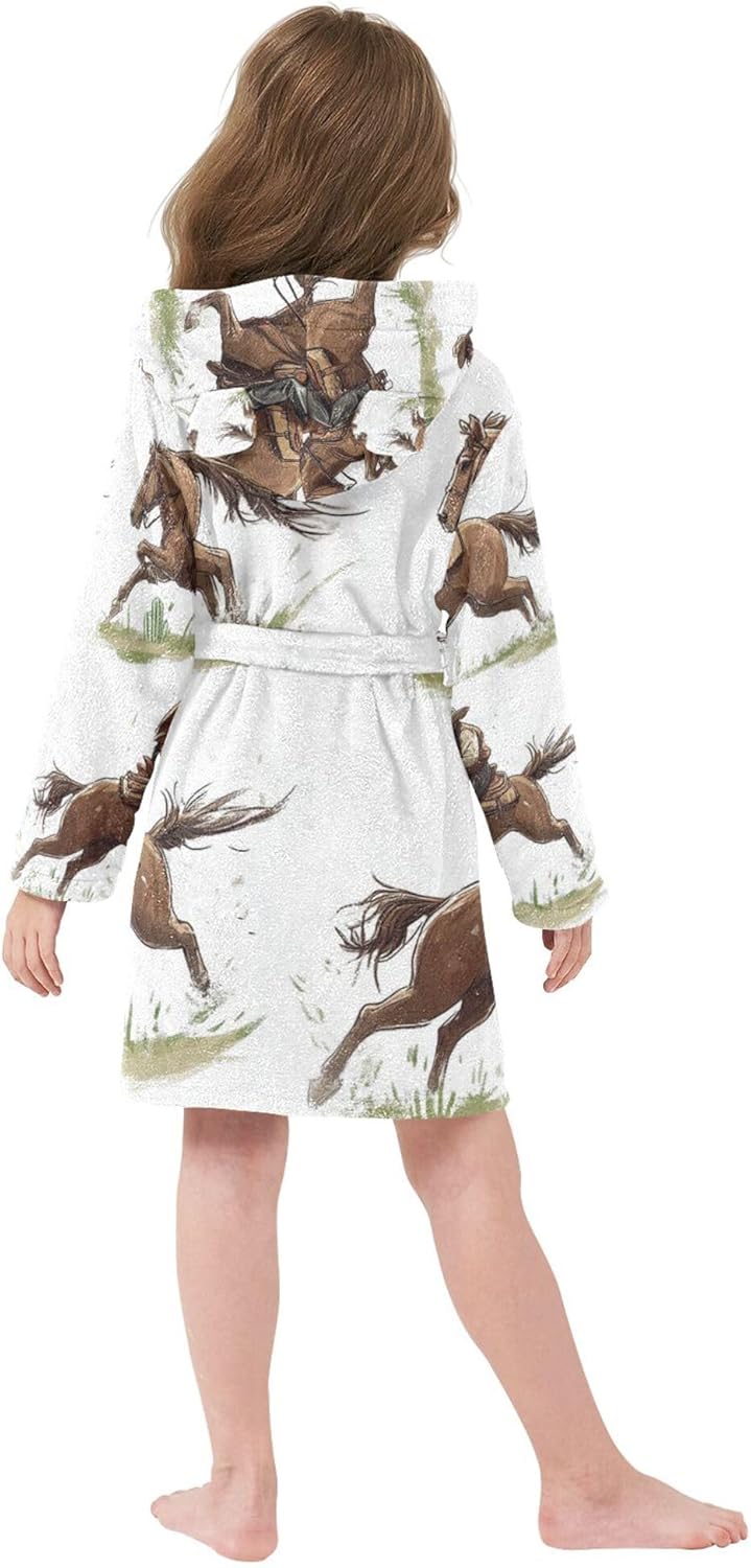 Brown Cowboy Horse Cartoon Bathrobe Hooded PJ Robe Soft Fleece Robe Pajama Sleepwears 2-12 Years