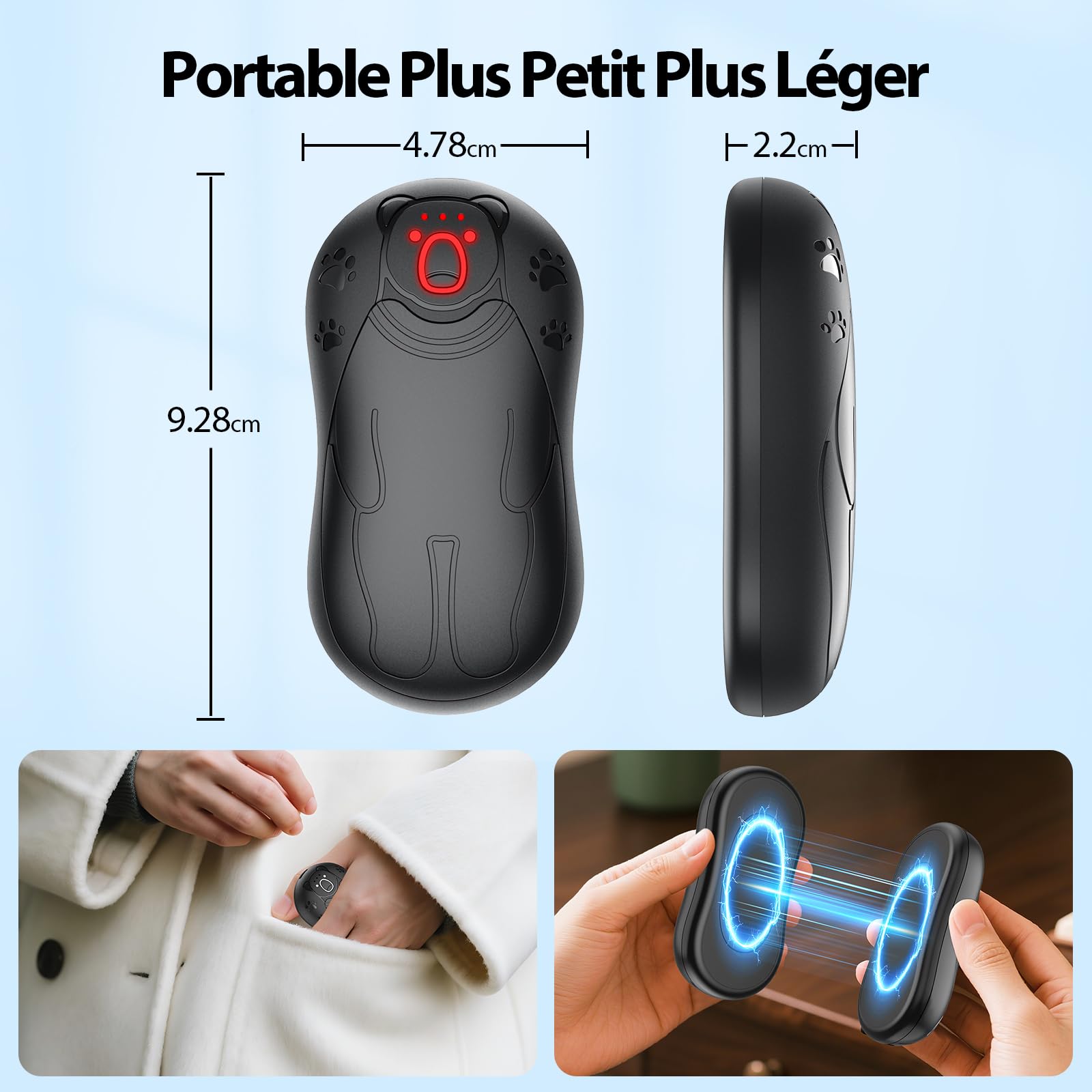 Chauffe Main Electrique 2 en 1 Noir, Chaufferette Main Reutilisable, 3 Niveaux de Chauffe, 12000mAh Rechargeable par USB, Cadeaux Hiver Unisexes, pour Camping et Sports en Extérieur