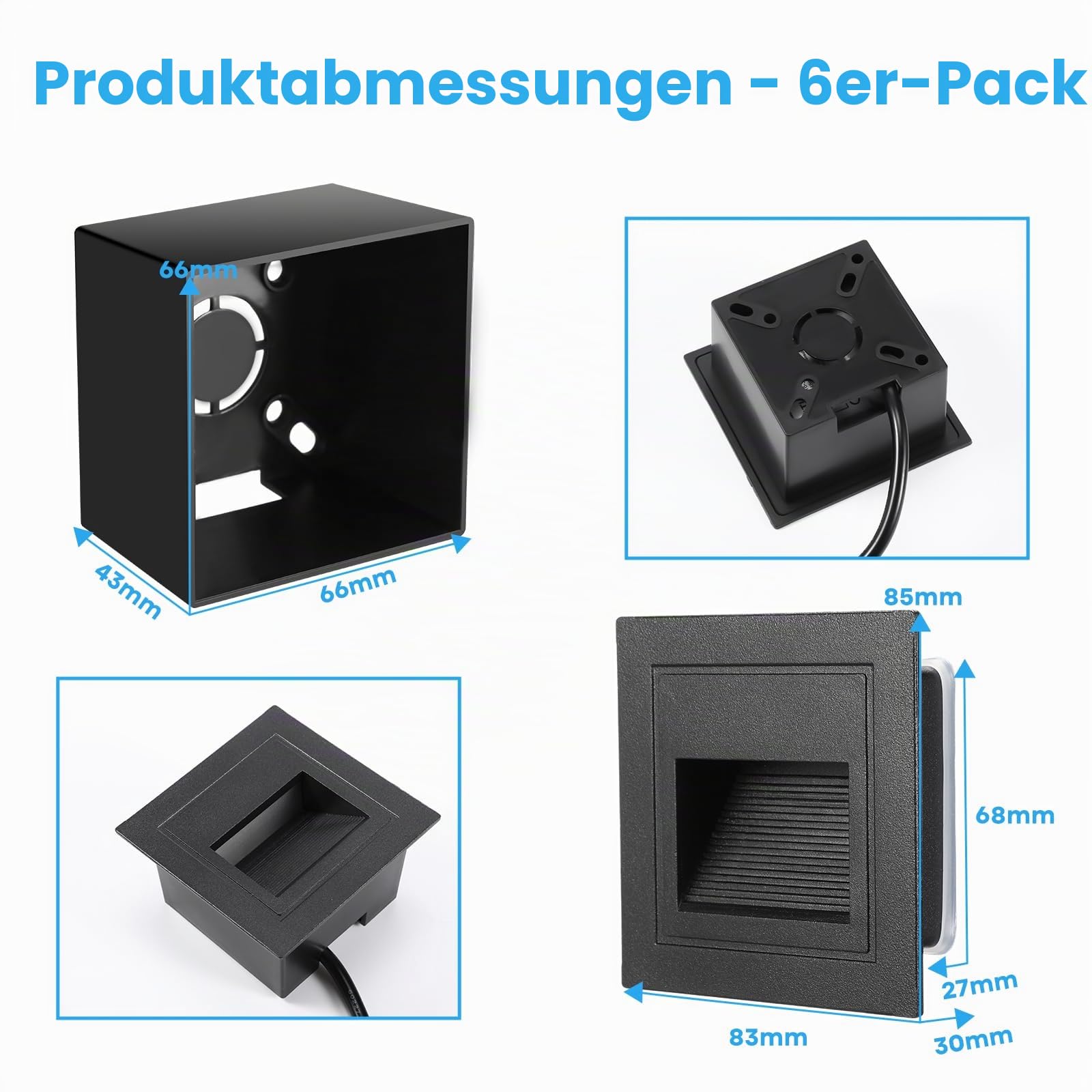 6er Set Treppenbeleuchtung 3W 300lm, LED Treppenstufenbeleuchtung 230V 3000K, 85x85mm, IP65 Wandeinbauleuchte Treppenlicht Beleuchtung für Treppen Wand, Unterputzdosen 68mm, Aluminium Schwarz