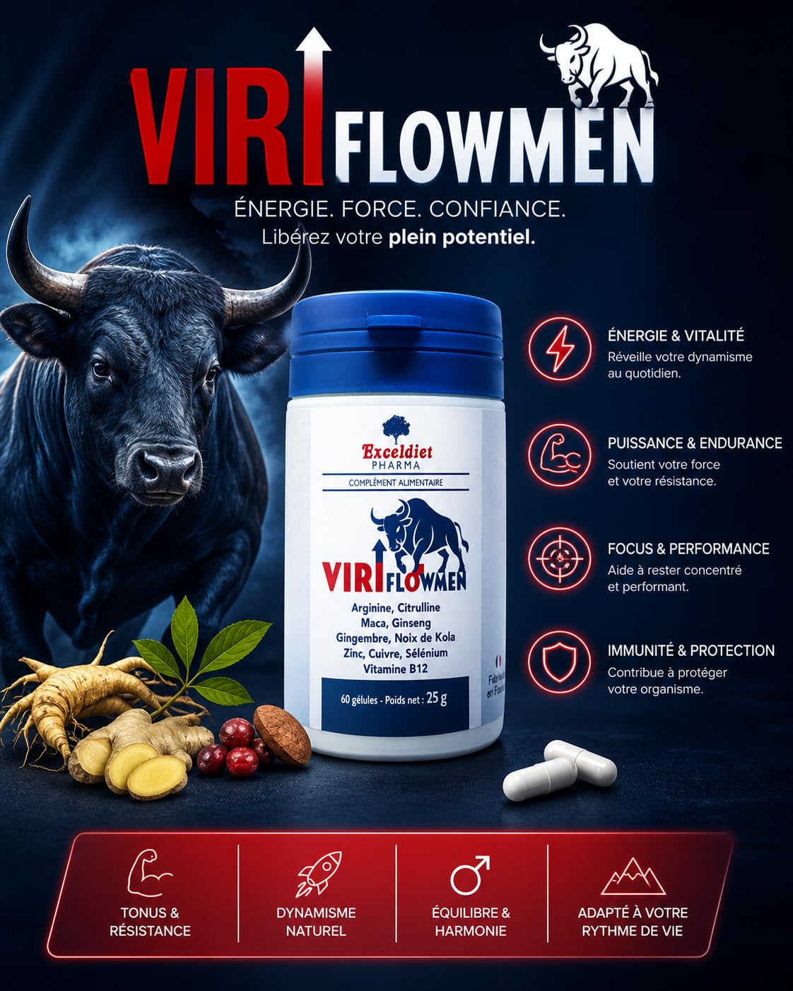 ViriflowMen – Complément Alimentaire Homme | Libido, Énergie Masculine, Vitalité & Endurance | Arginine, Citrulline, Ginseng, Maca, Kola, Gingembre | Vitamine B12 & Minéraux | 60 Gélules