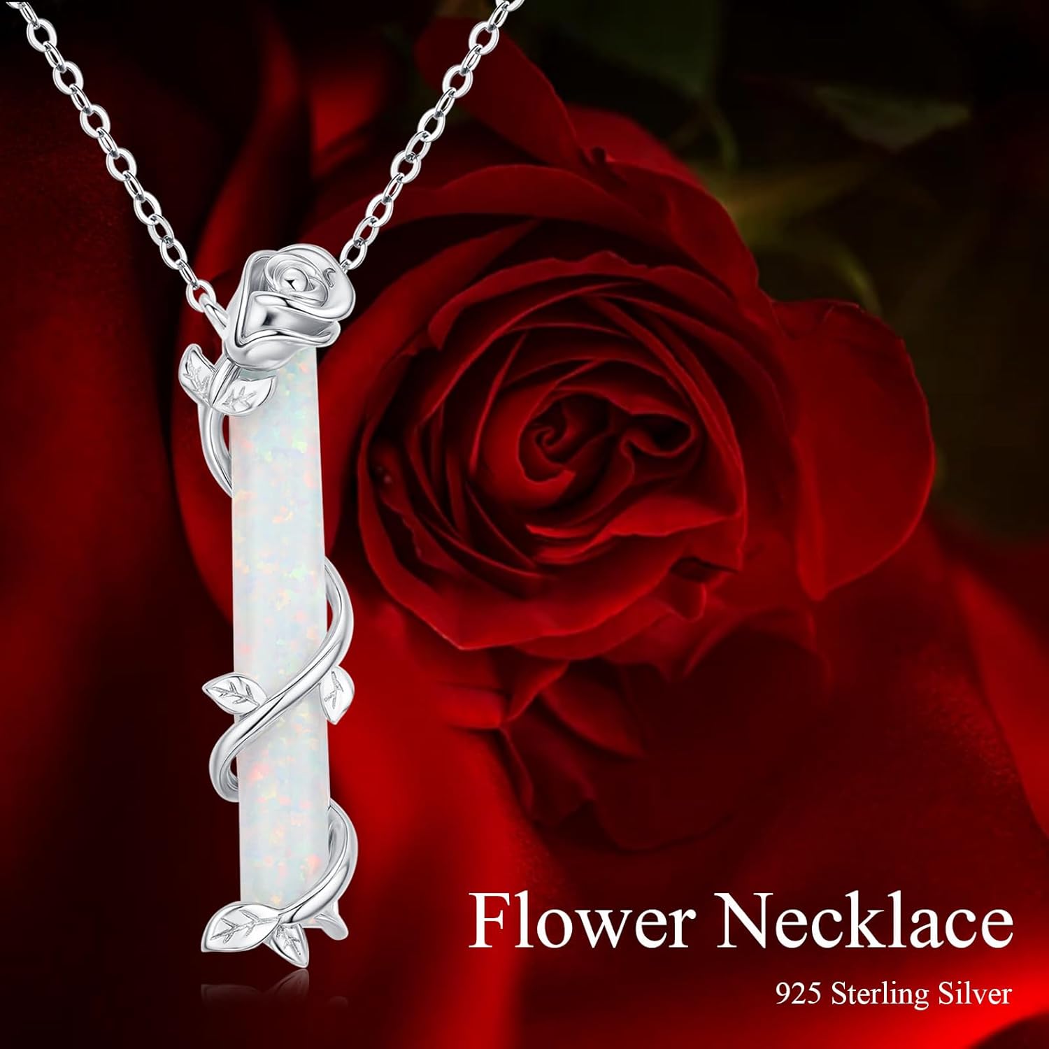 Bar Necklace for Women,S925 Sterling Silver White Opal Bar Necklace with Leaf Charm Bar Pendant Jewelry Gift for Mom Daughter Wife - Image 6