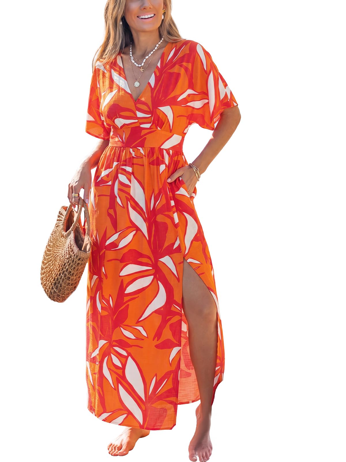 Women's Boho Paisley Floral Deep V Neck Short Sleeve Maxi Dress