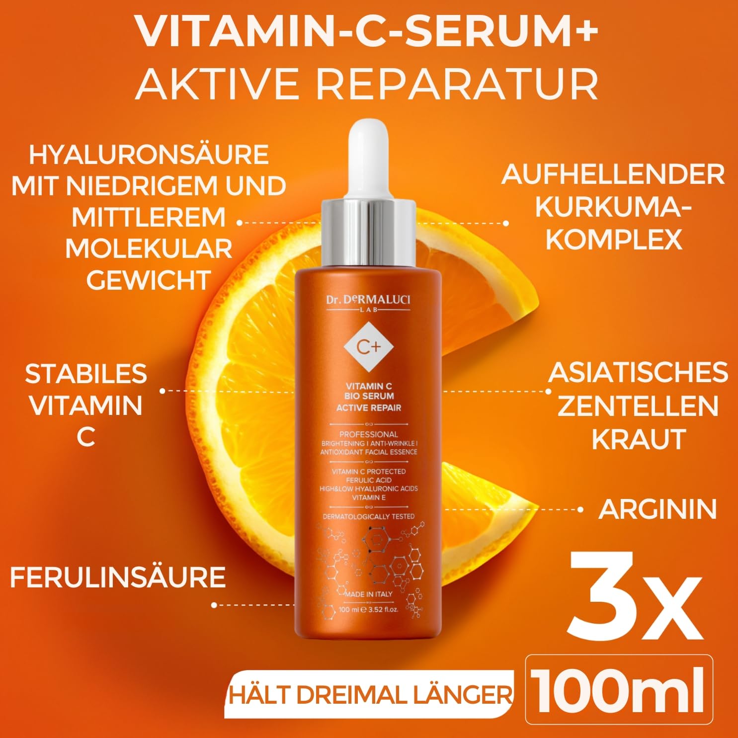 Dr. Dermaluci Lab - Vitamin C Gesichtsserum BIO - Anti-Falten, Anti-Flecken, Aufhellend - Hyaluronsäure & Ferulasäure - Kurkuma & Centella - Dermatologisch Getestet, Made in Italy, 100ml