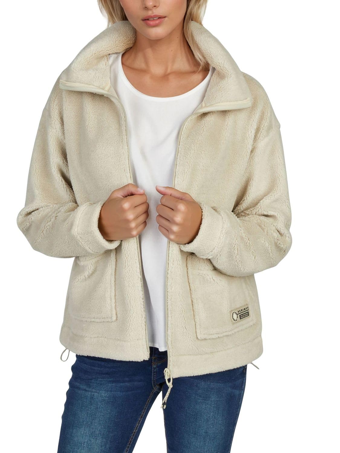 DENIMFY Fleecejacke Damen Regular Fit DFKira Teddyfleece Winterjacke Übergangsjacke Stehkragen Schwarz Beige Braun S M L XL XXL