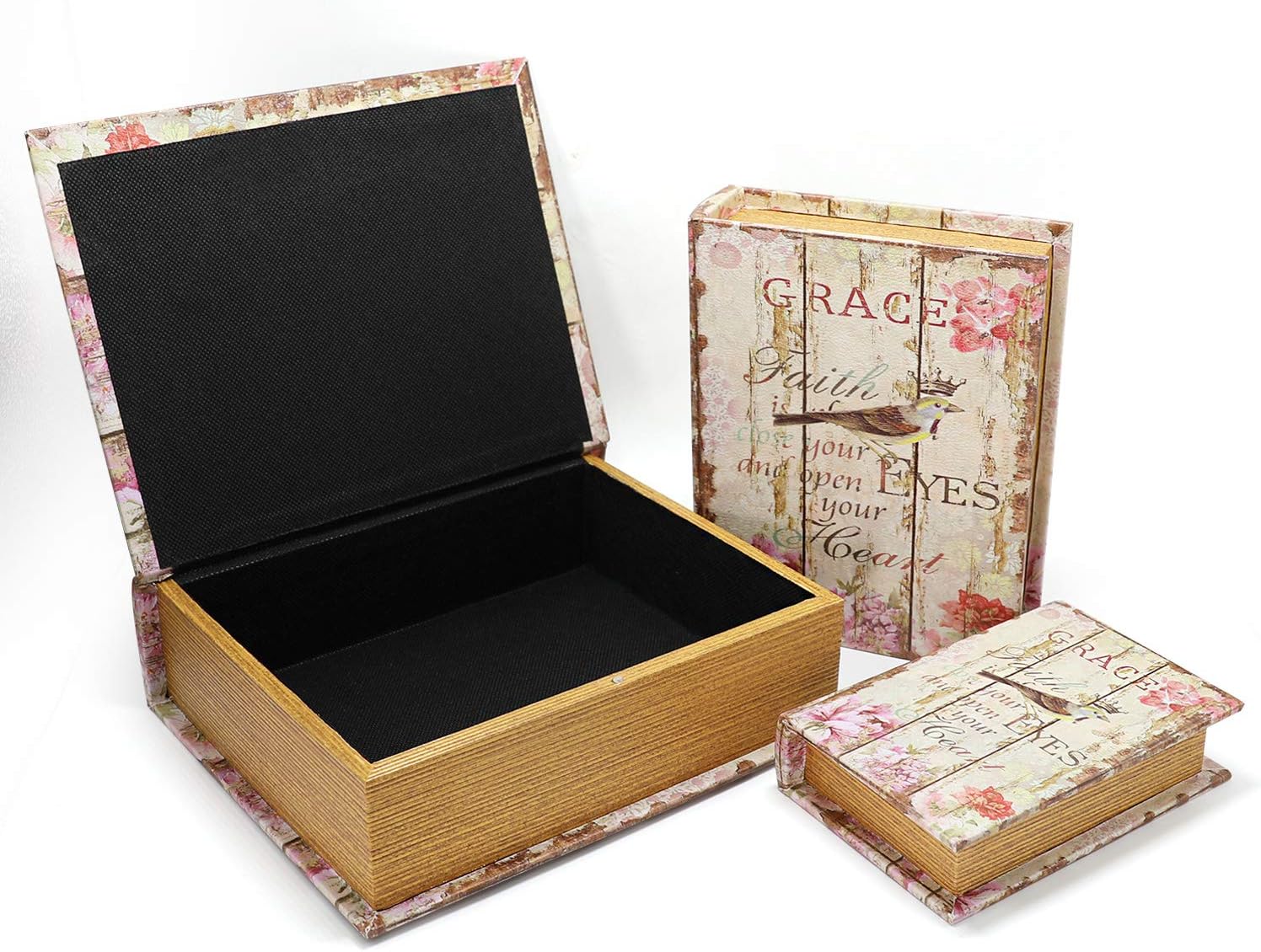 Jolitac Decorative Book Boxes World Map Pattern Antique Book Invisible box with Magnetic cover, Faux Wood Set of 3 Storage Set (Bird)