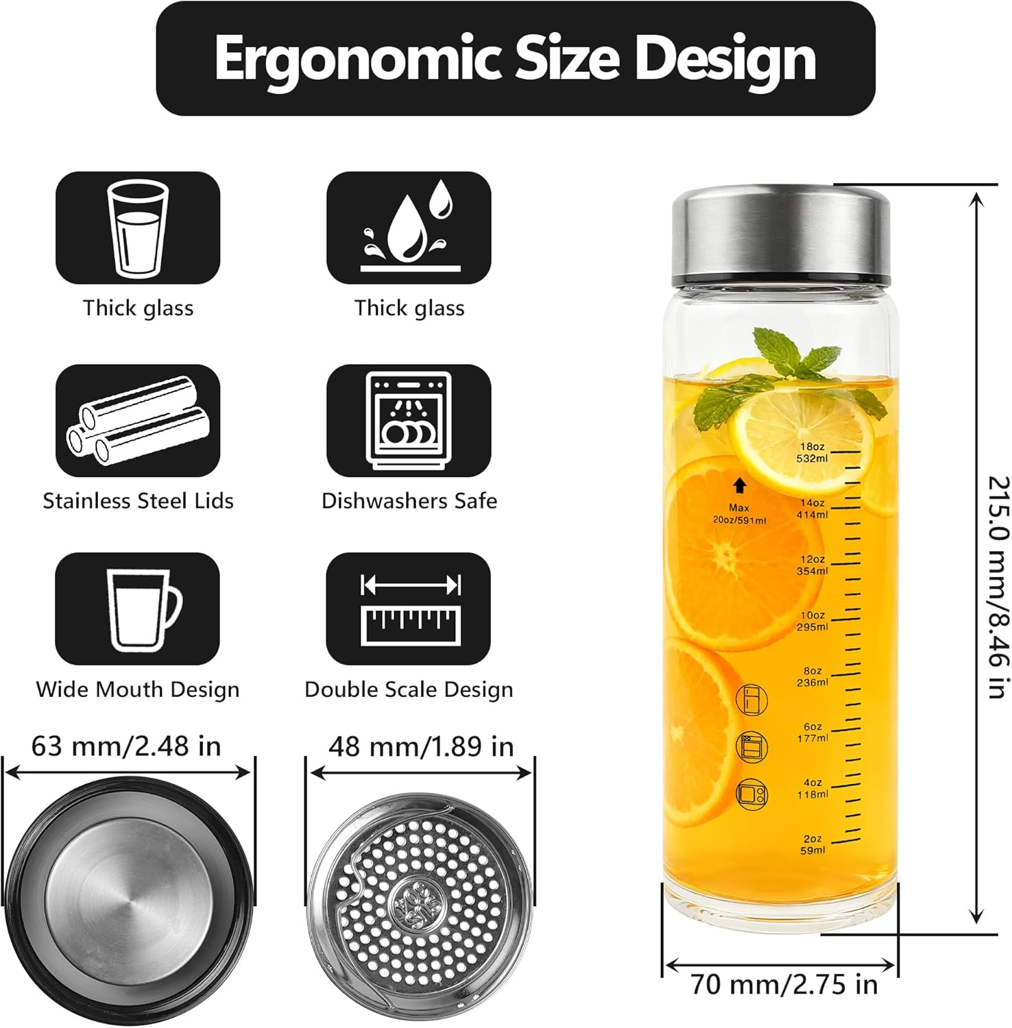 Glass Juice Water Bottles 4 Pack 20 OZ,Wide Mouth Glass Water Bottles with Lids and Sleeve,for Juicing, Smoothies, Milk, Protein, Reusable, Leak Proof, Shaker bottle