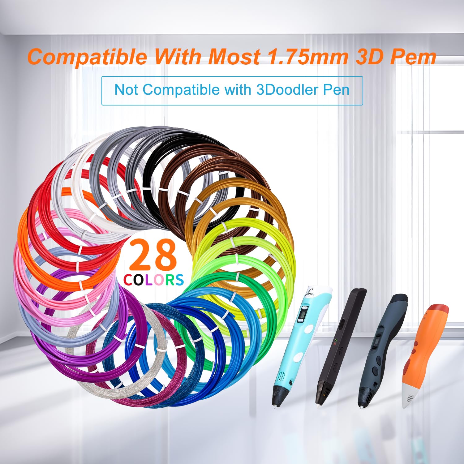 Kretrum 28 Farben 3D Stift Filament PLA 1.75mm 3D Druck Stift Filament Kompatibel mit MYNT3D SCRIB3D 3D Stift jede Farbe 3M Insgesamt 276 Fuß Enthält