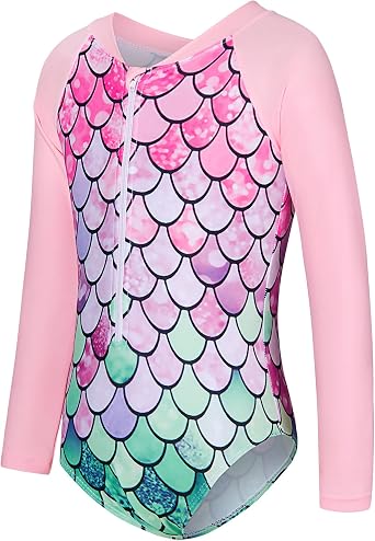 uideazone Long Sleeve Swimsuits for Girls Size One Piece Rash Guard Bathing Suits with Zipper Swimwear 3-9 Years